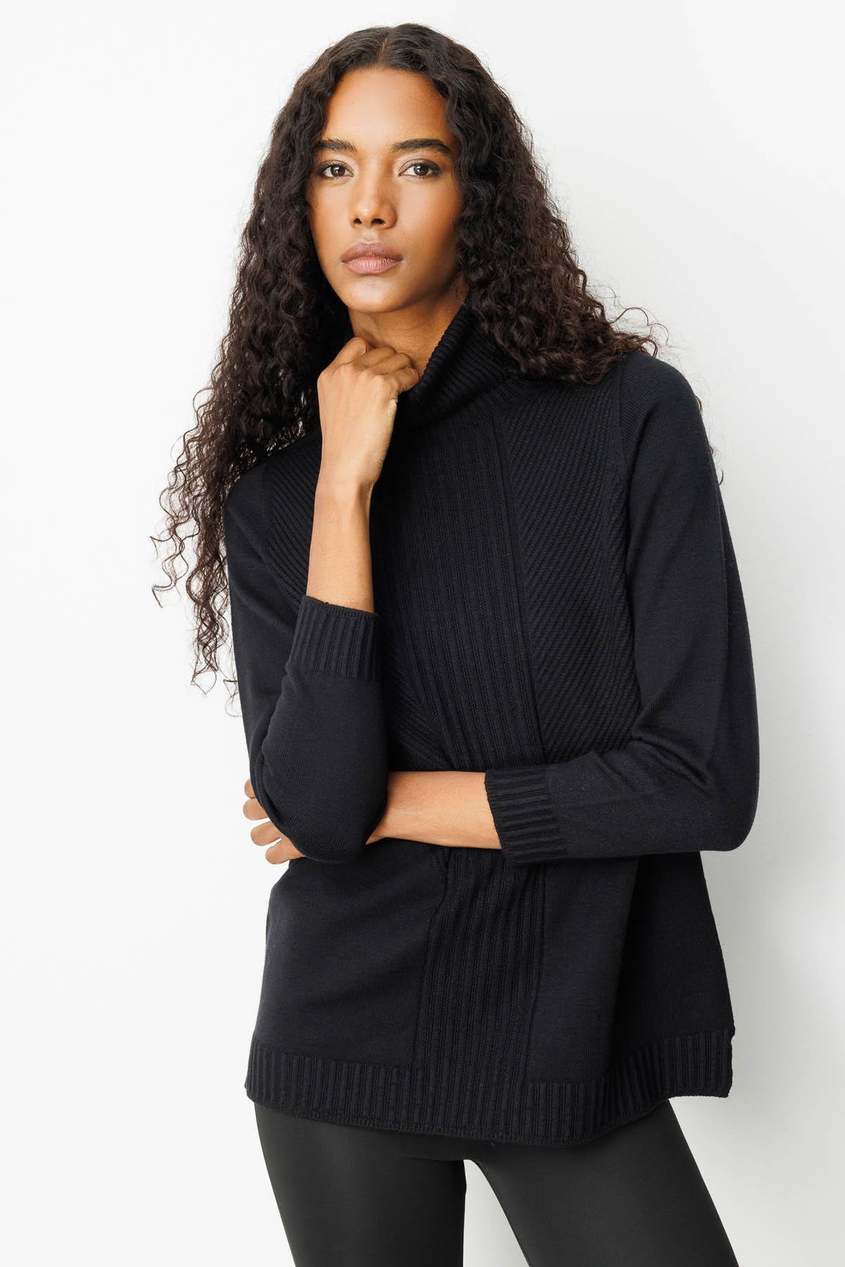 25251Kadın Tam Balıkçı Yaka Önü Uzun Çizgili Bluz Siyah