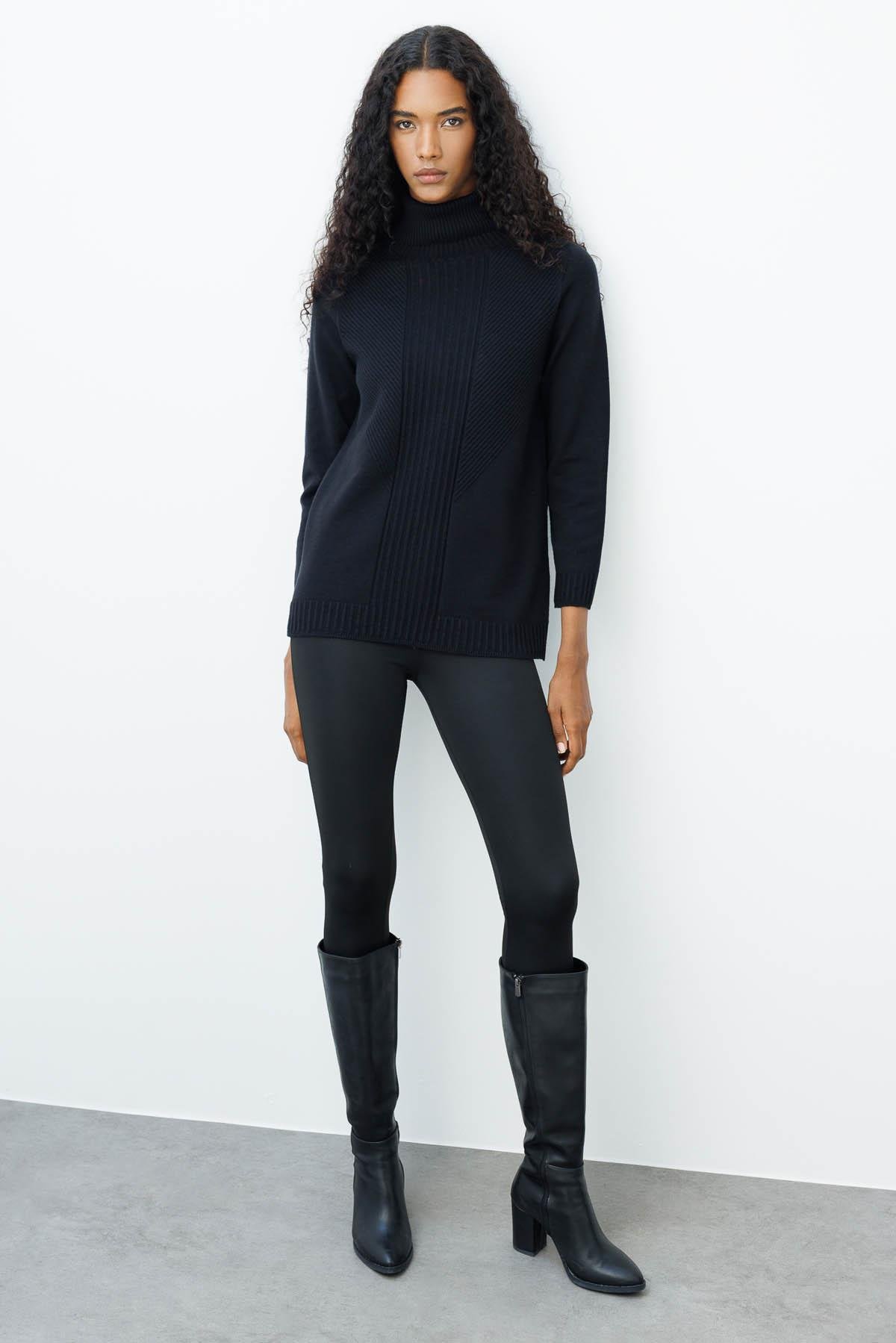 25251Kadın Tam Balıkçı Yaka Önü Uzun Çizgili Bluz Siyah