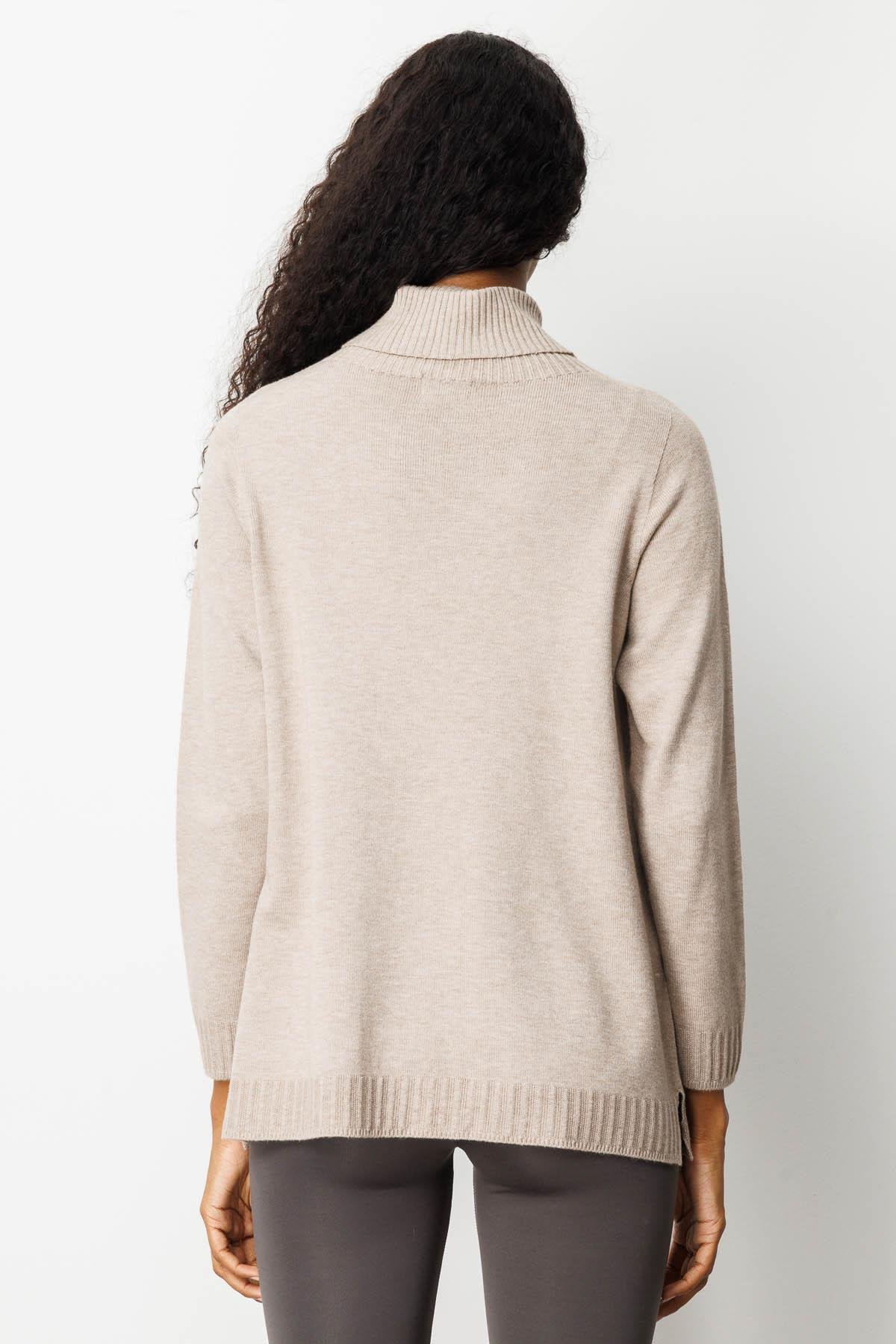 25251Kadın Tam Balıkçı Yaka Önü Uzun Çizgili Bluz Vizon