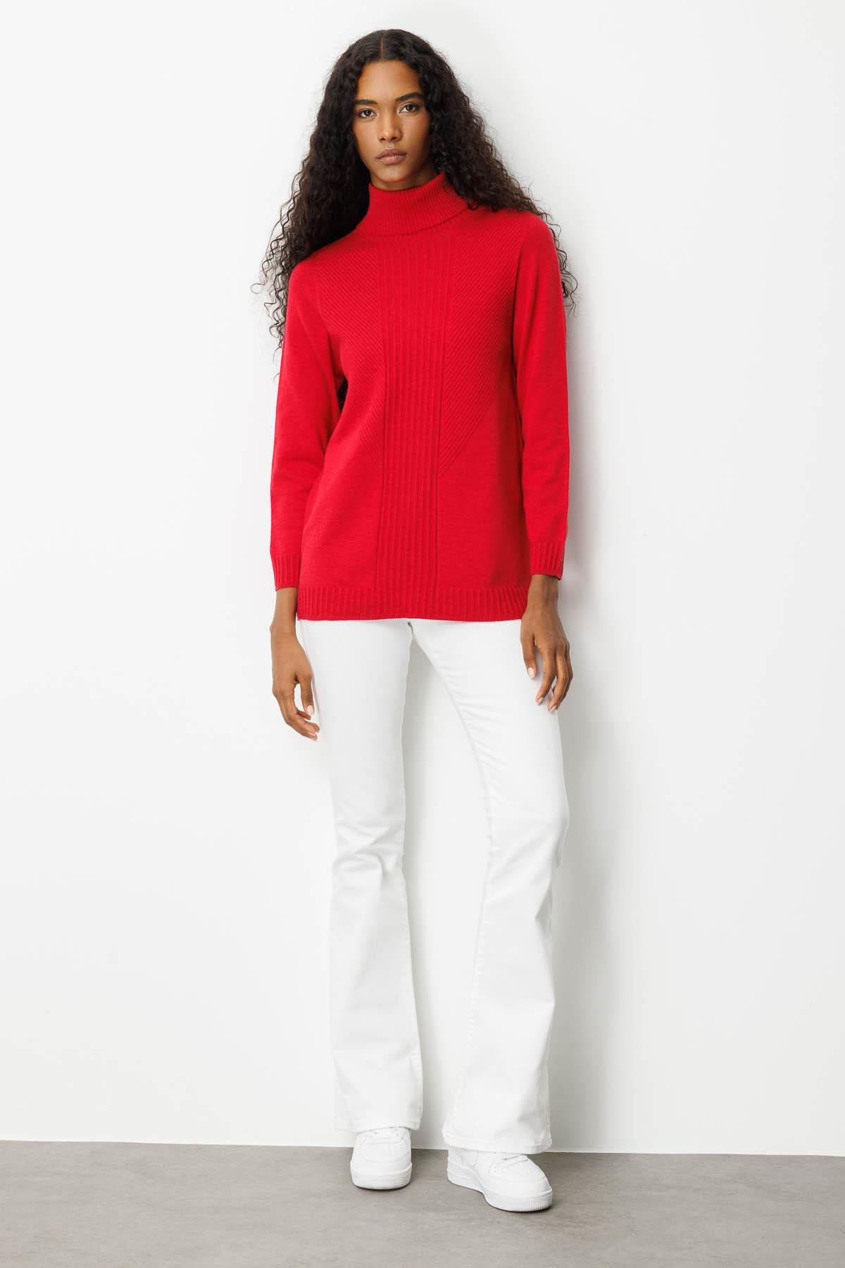 25251Kadın Tam Balıkçı Yaka Önü Uzun Çizgili Bluz K.Kırmızı