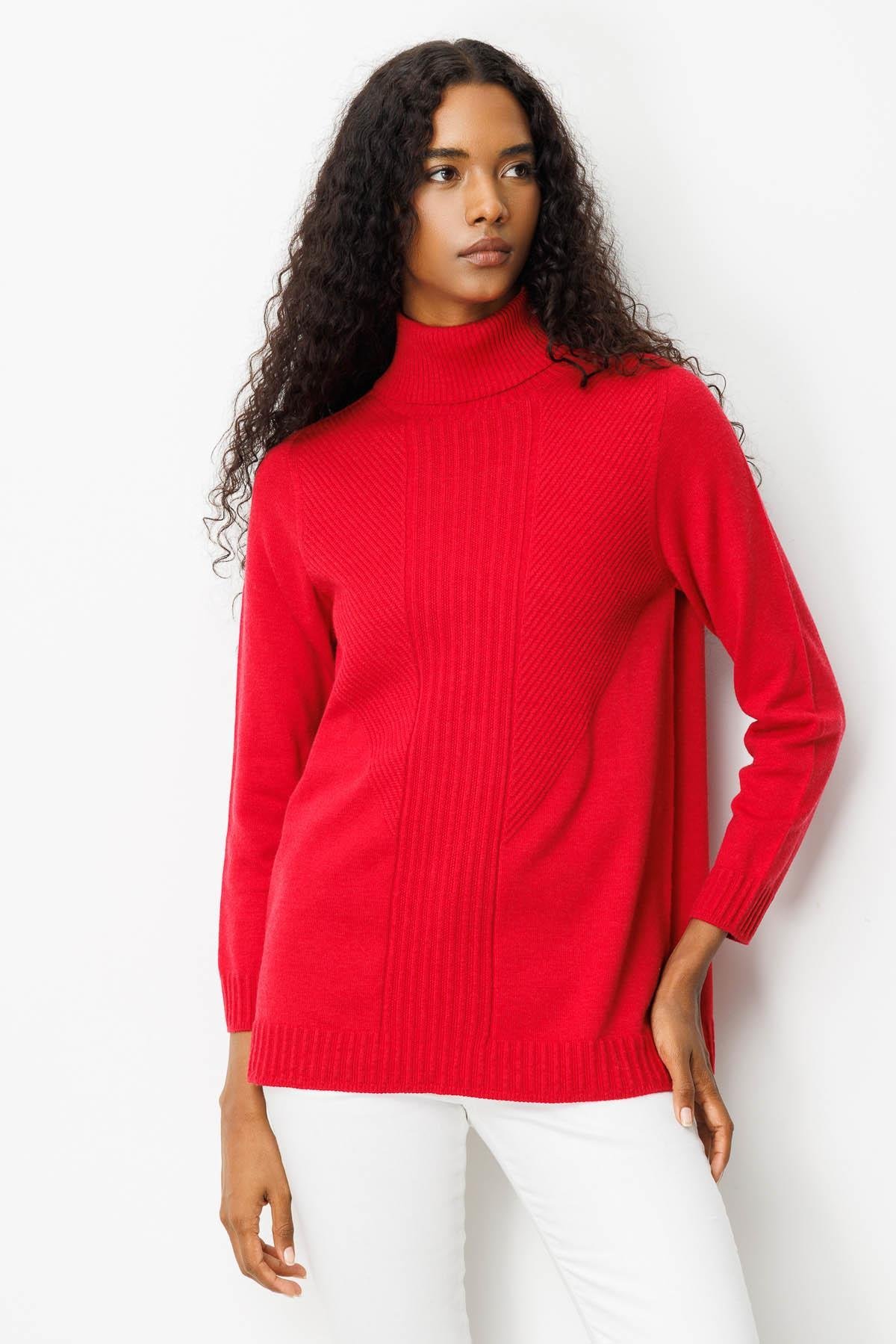 25251Kadın Tam Balıkçı Yaka Önü Uzun Çizgili Bluz K.Kırmızı