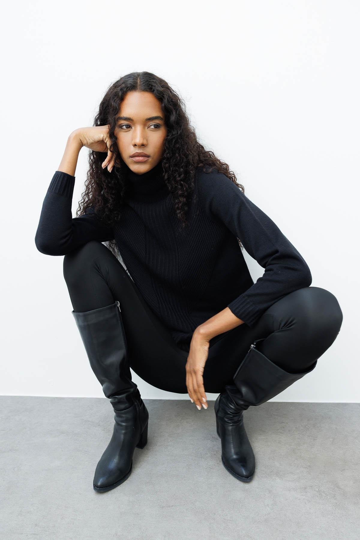 25251Kadın Tam Balıkçı Yaka Önü Uzun Çizgili Bluz Siyah