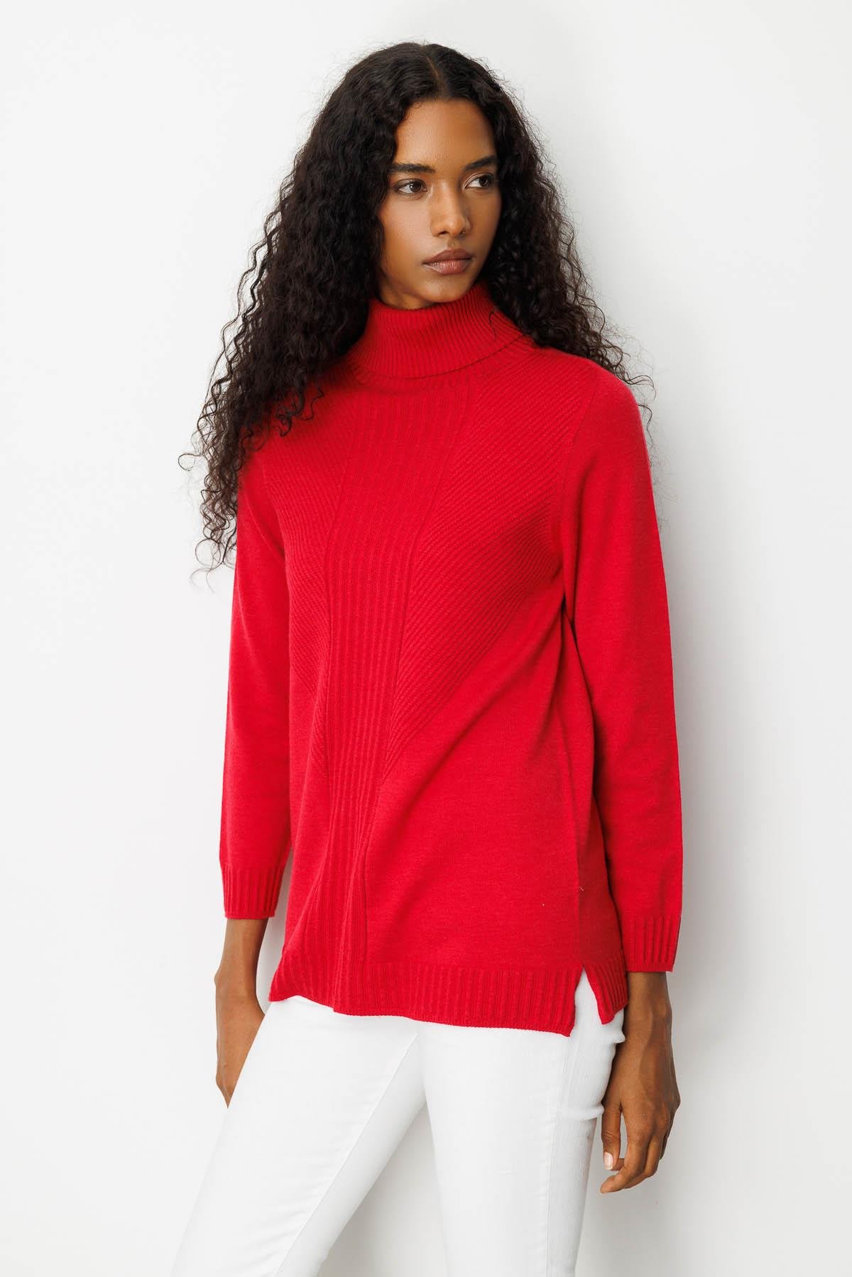 25251Kadın Tam Balıkçı Yaka Önü Uzun Çizgili Bluz K.Kırmızı