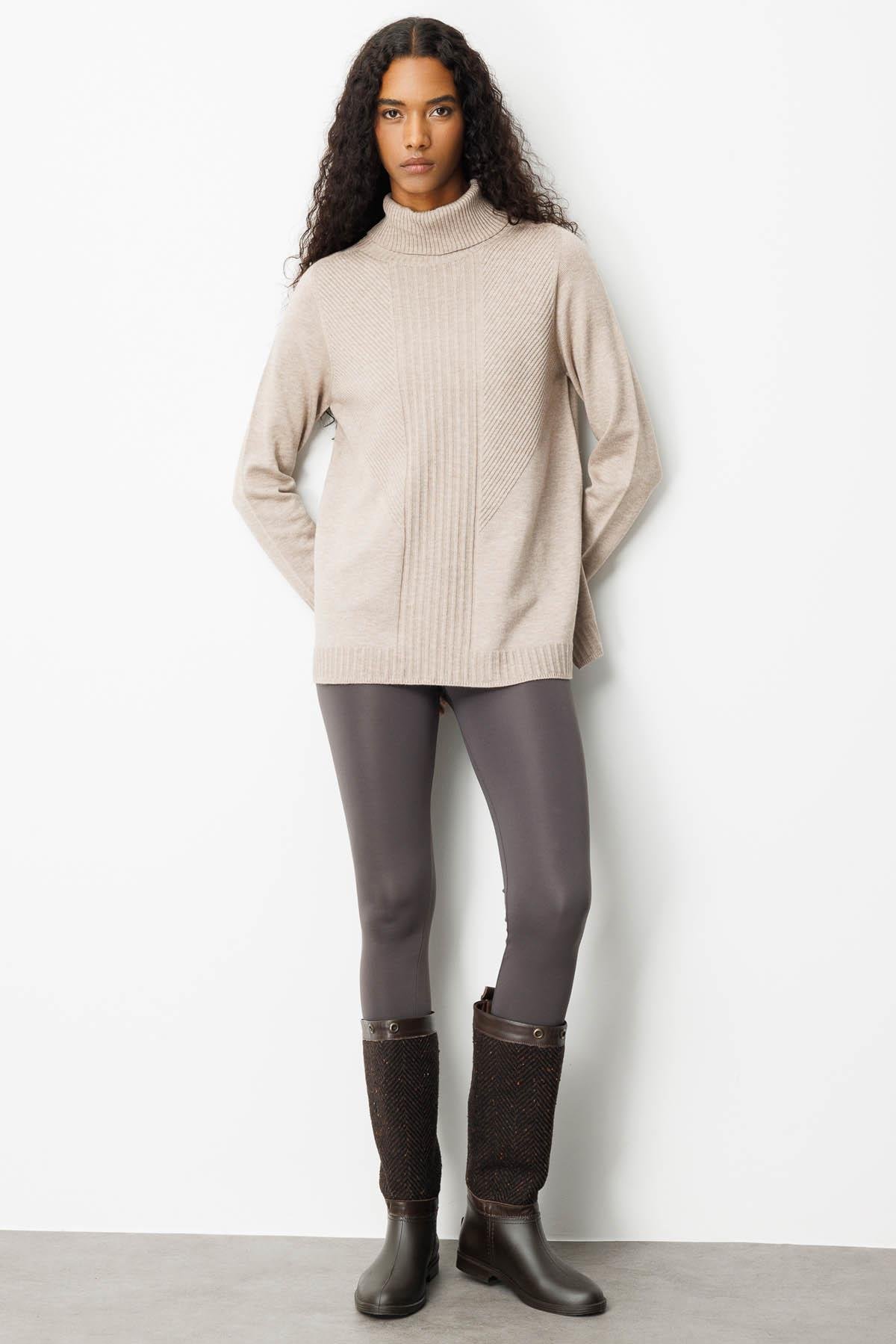 25251Kadın Tam Balıkçı Yaka Önü Uzun Çizgili Bluz Vizon