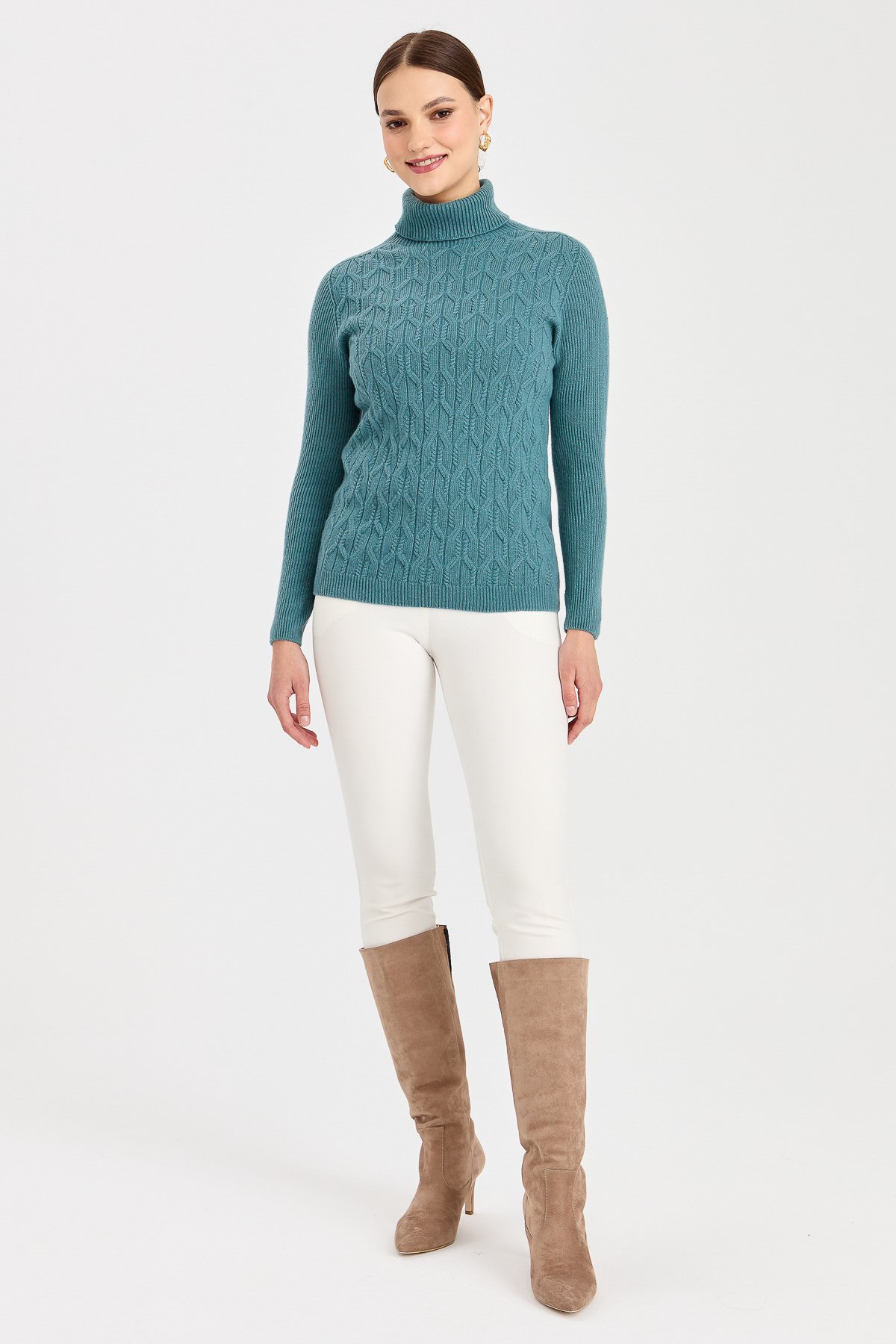 23153Kadın Tam Balıkçı Yaka Önü Yürütmeli Yün Kazak M.Yeşili