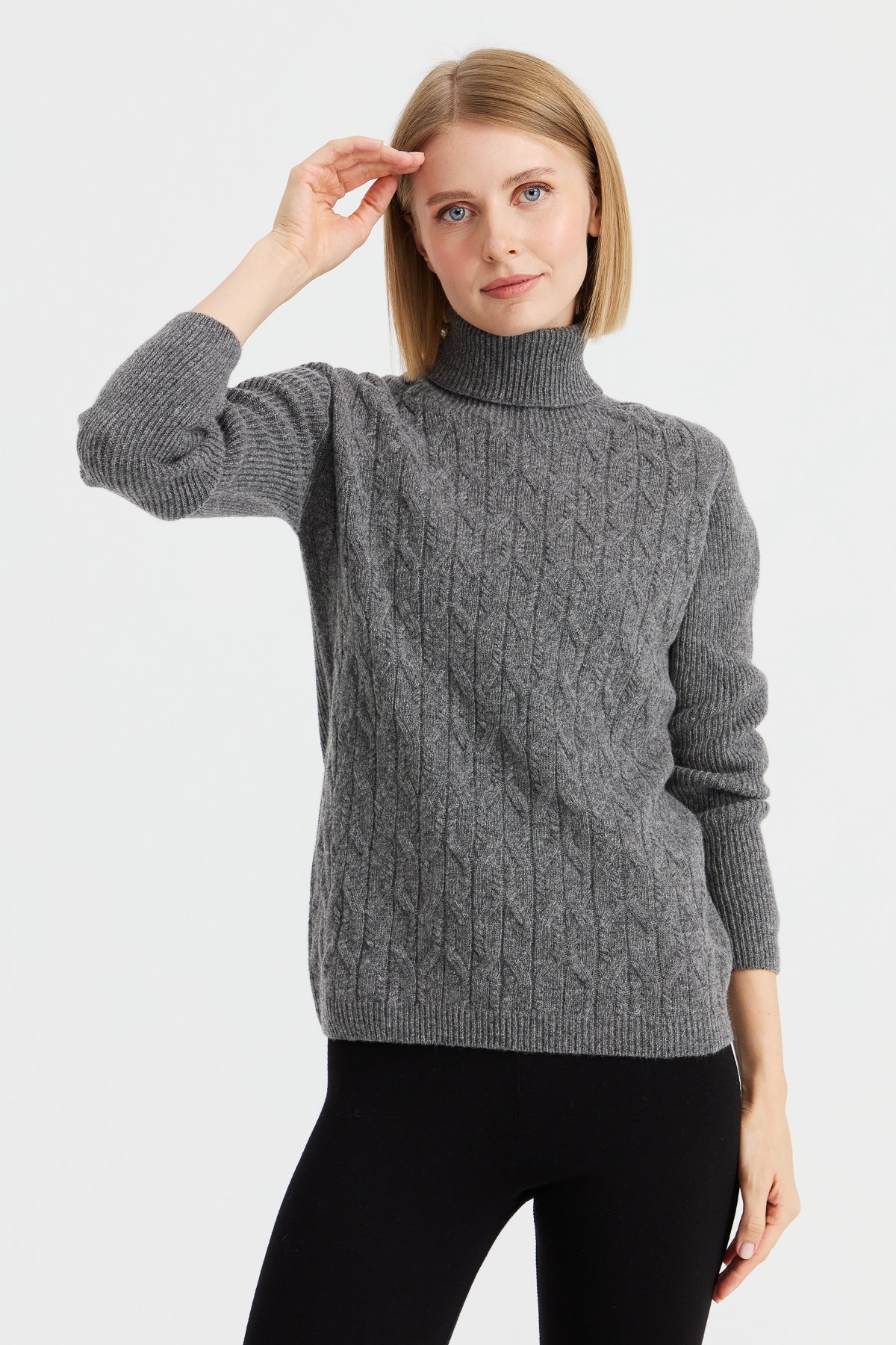 23153Kadın Tam Balıkçı Yaka Önü Yürütmeli Yün Kazak Füme