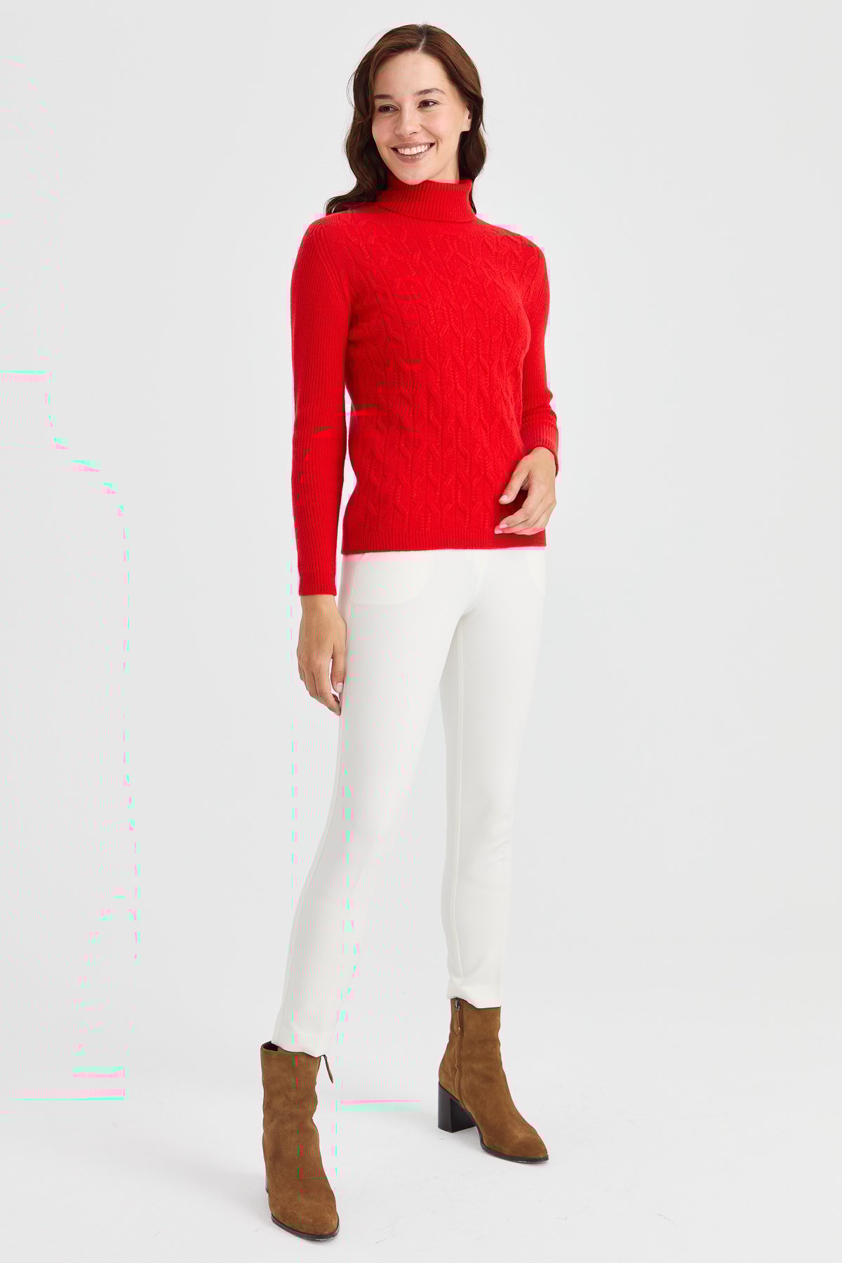 23153Kadın Tam Balıkçı Yaka Önü Yürütmeli Yün Kazak Mercan