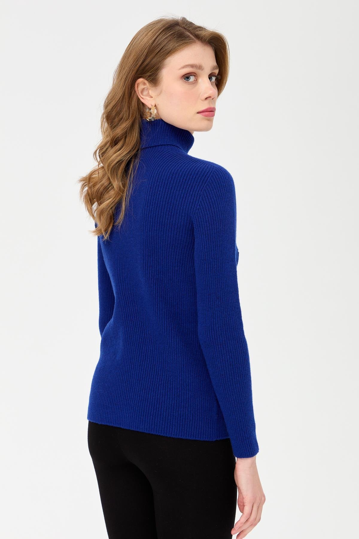 23153Kadın Tam Balıkçı Yaka Önü Yürütmeli Yün Kazak K.S.Mavi