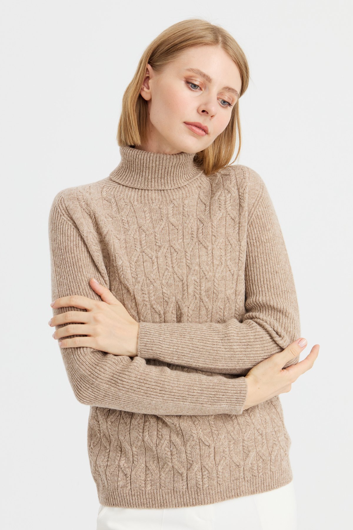 23153Kadın Tam Balıkçı Yaka Önü Yürütmeli Yün Kazak K.Bej