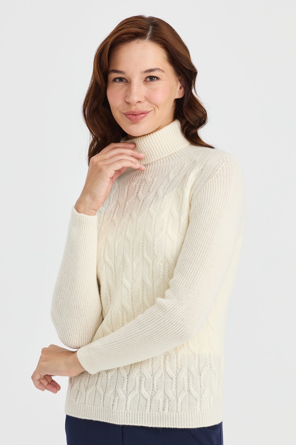 23153Kadın Tam Balıkçı Yaka Önü Yürütmeli Yün Kazak Kemik