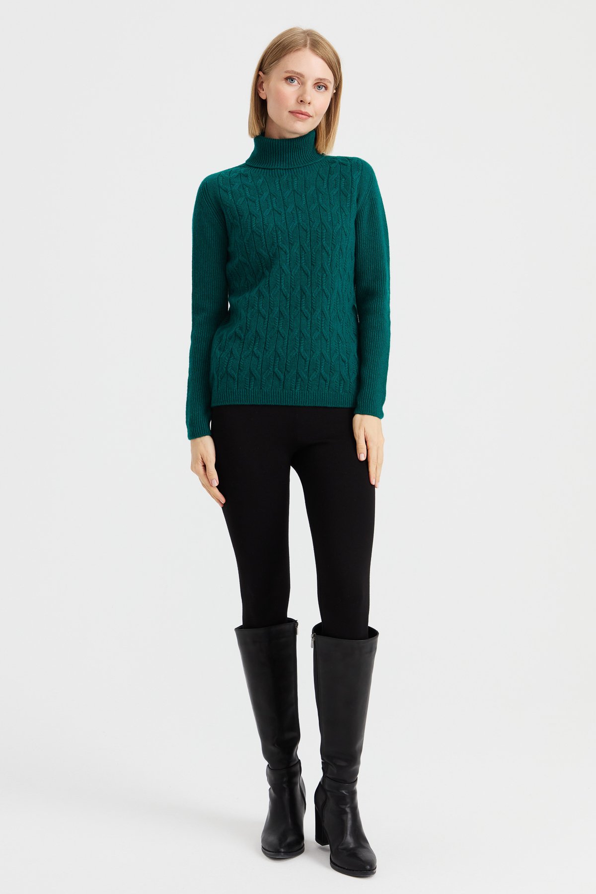 23153Kadın Tam Balıkçı Yaka Önü Yürütmeli Yün Kazak K.Ö.başı