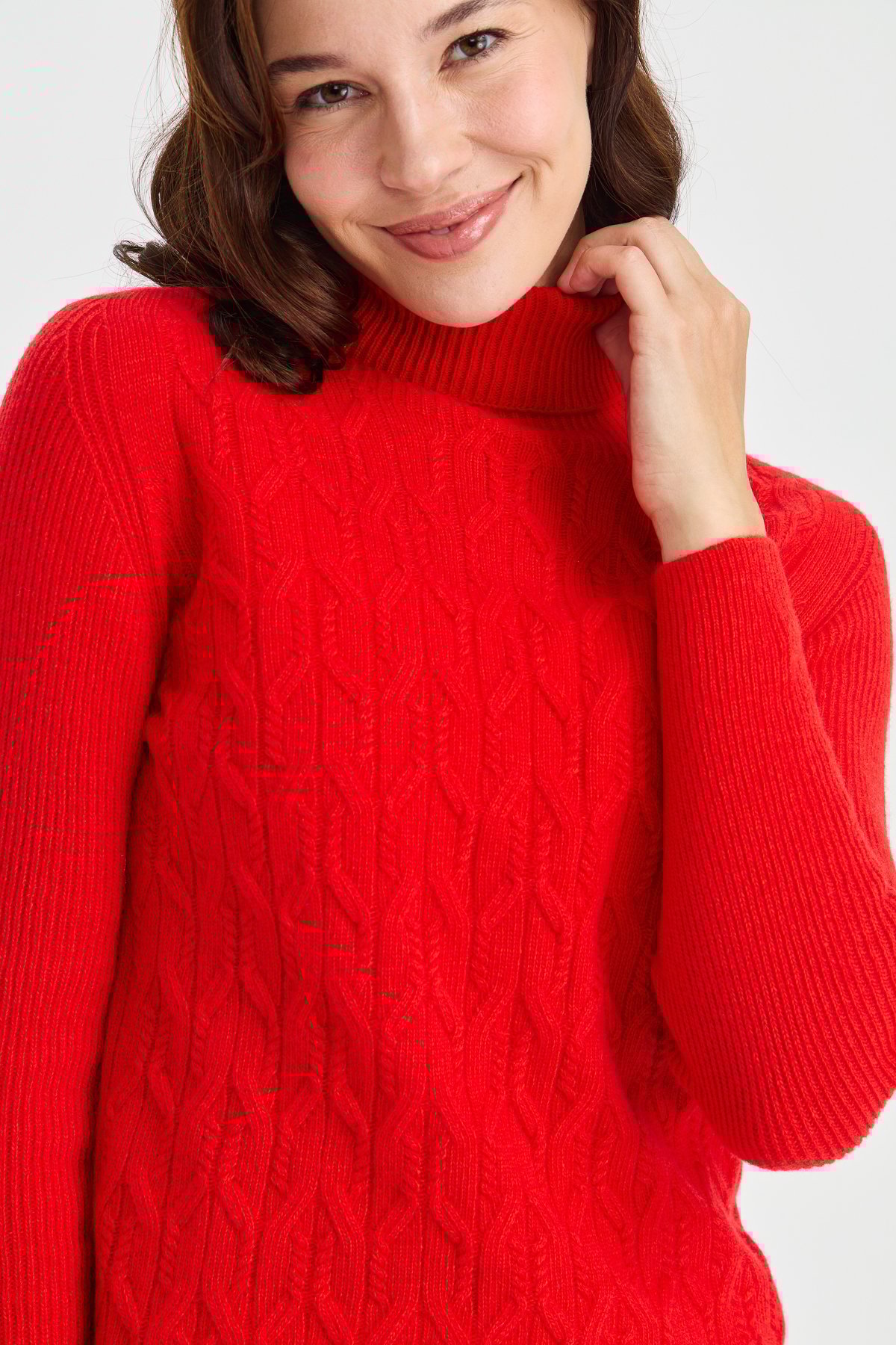 23153Kadın Tam Balıkçı Yaka Önü Yürütmeli Yün Kazak Mercan