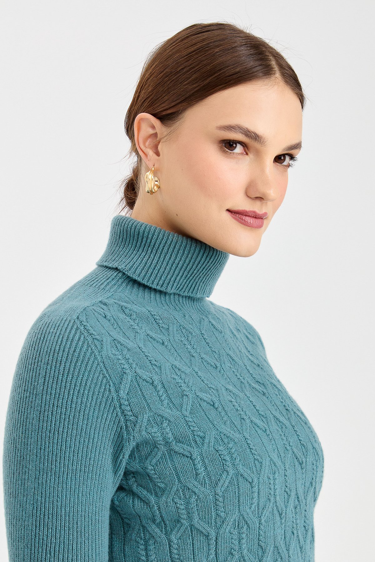 23153Kadın Tam Balıkçı Yaka Önü Yürütmeli Yün Kazak M.Yeşili