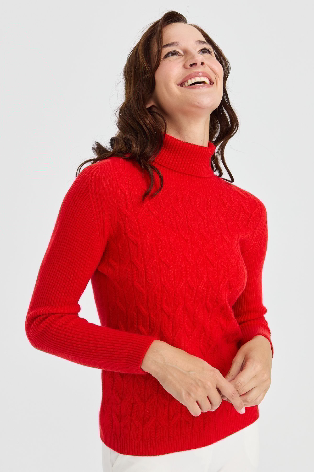 23153Kadın Tam Balıkçı Yaka Önü Yürütmeli Yün Kazak Mercan