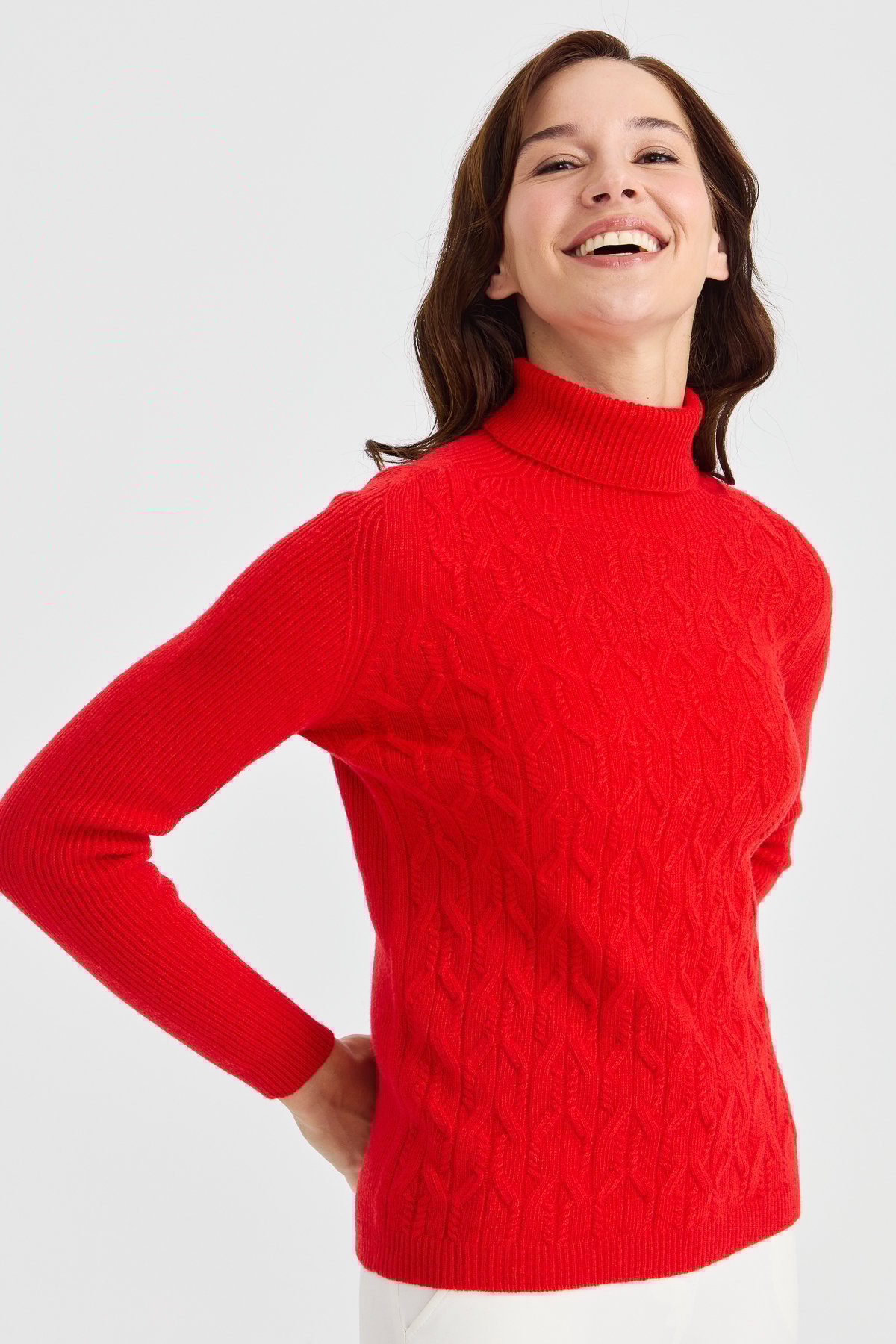 23153Kadın Tam Balıkçı Yaka Önü Yürütmeli Yün Kazak Mercan