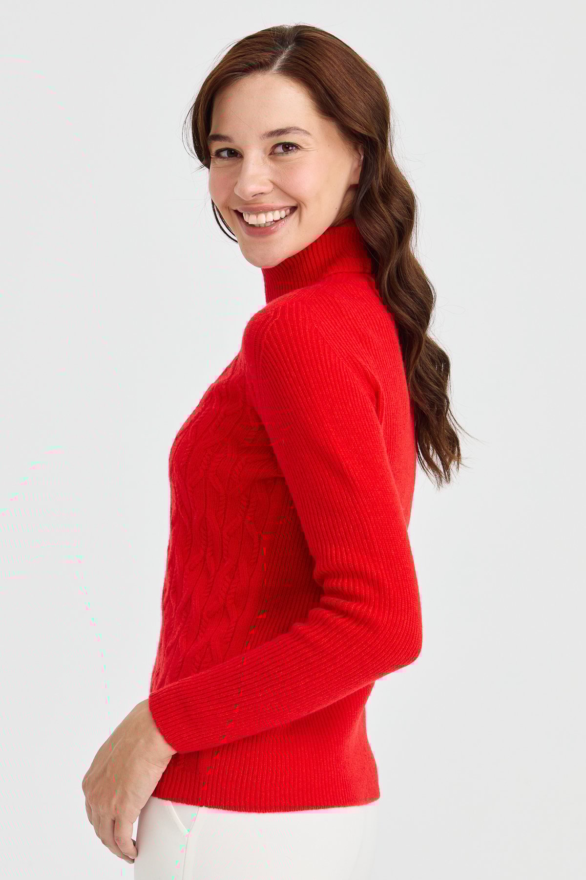 23153Kadın Tam Balıkçı Yaka Önü Yürütmeli Yün Kazak Mercan