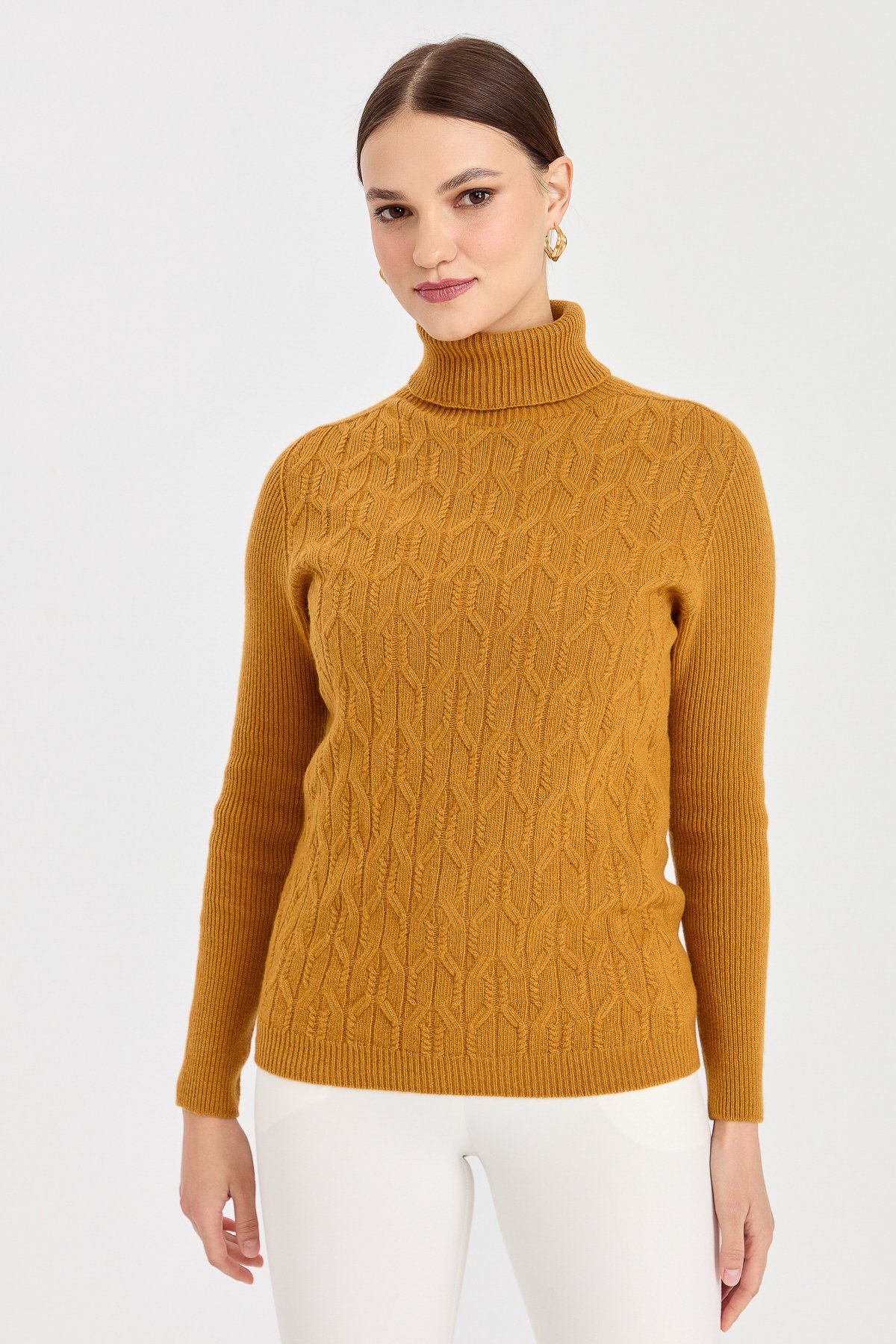 23153Kadın Tam Balıkçı Yaka Önü Yürütmeli Yün Kazak Hardal