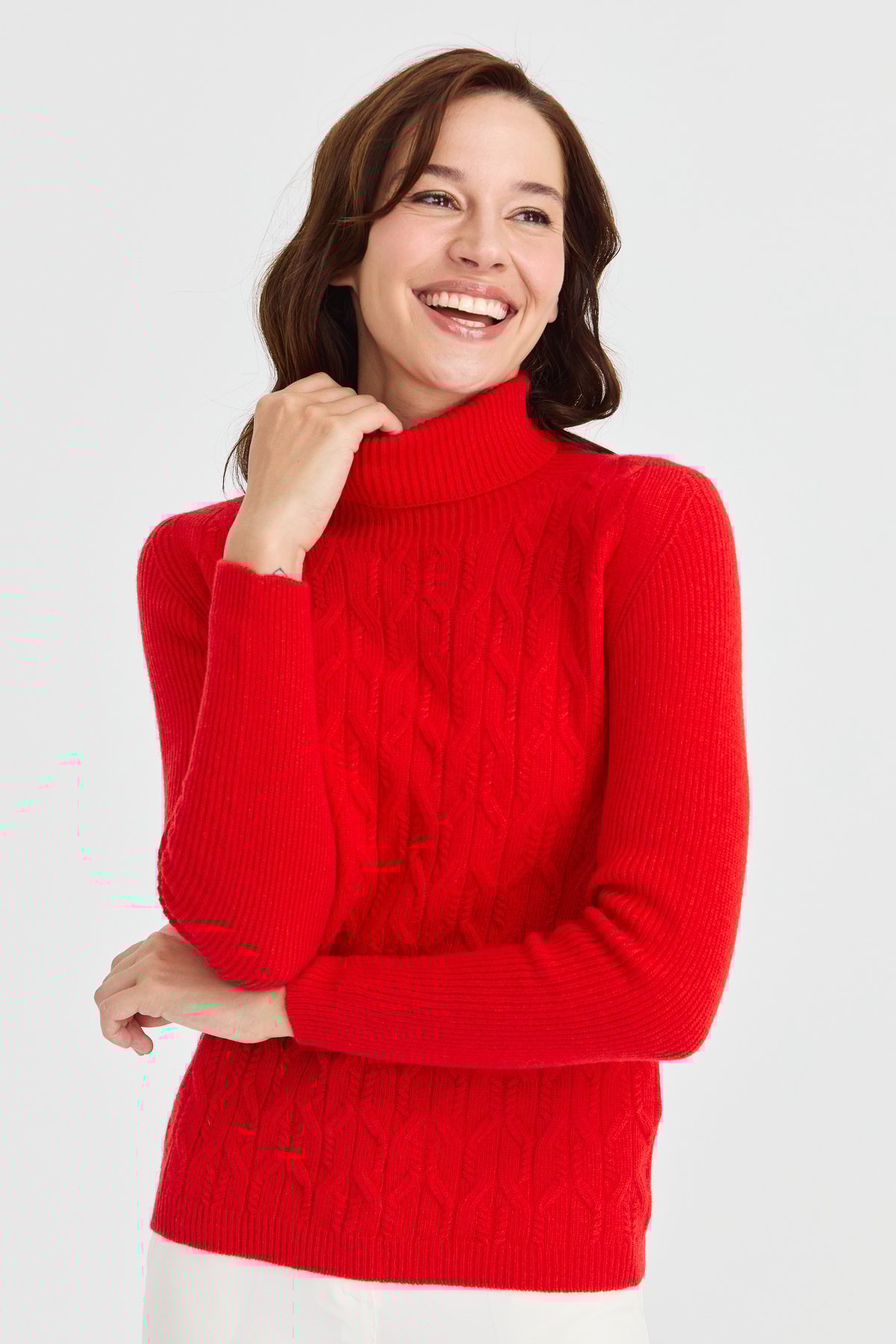 23153Kadın Tam Balıkçı Yaka Önü Yürütmeli Yün Kazak Mercan