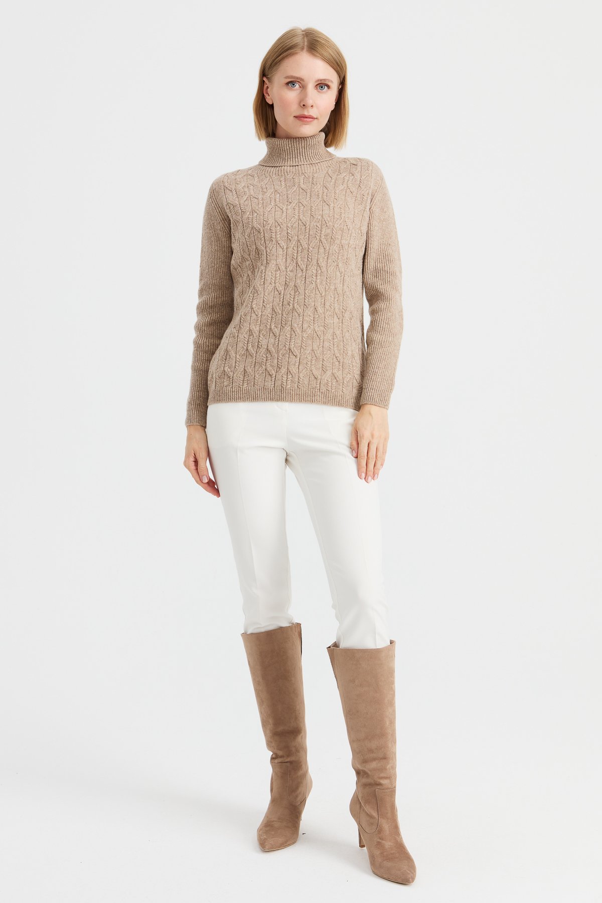 23153Kadın Tam Balıkçı Yaka Önü Yürütmeli Yün Kazak K.Bej