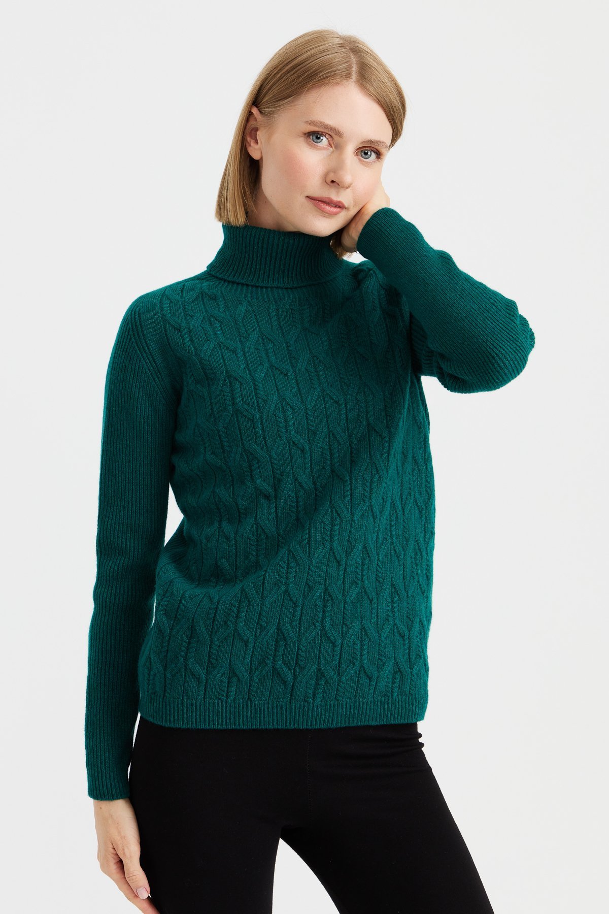 23153Kadın Tam Balıkçı Yaka Önü Yürütmeli Yün Kazak K.Ö.başı