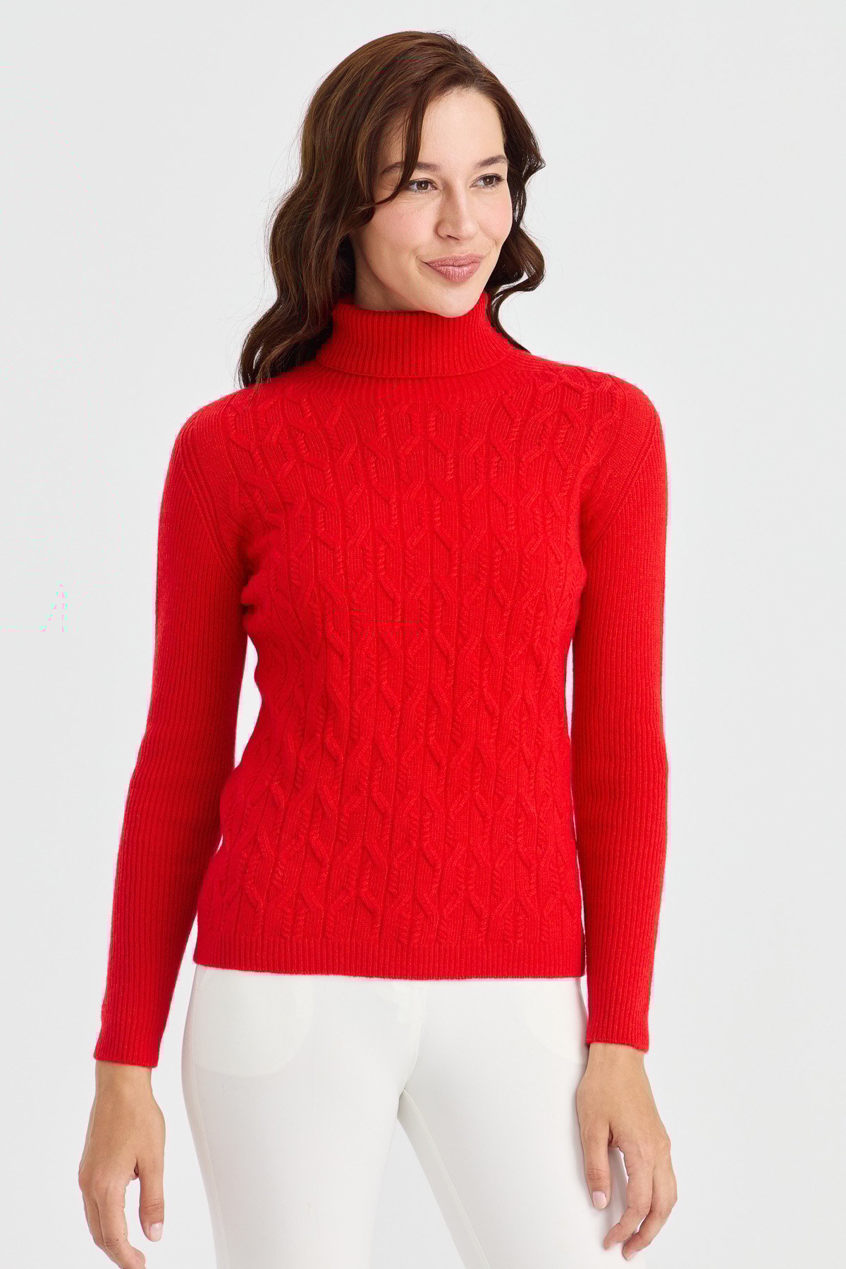 23153Kadın Tam Balıkçı Yaka Önü Yürütmeli Yün Kazak Mercan