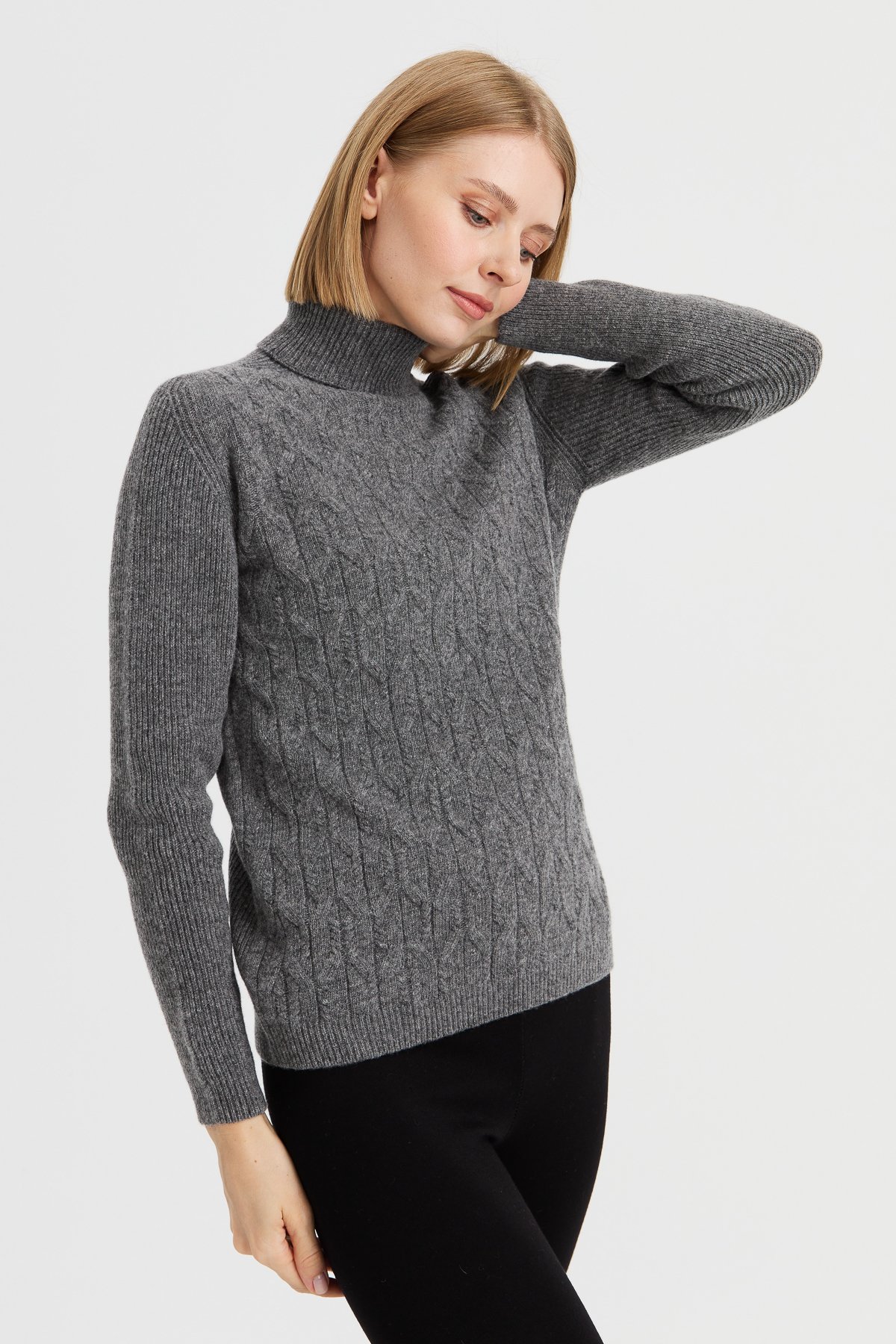 23153Kadın Tam Balıkçı Yaka Önü Yürütmeli Yün Kazak Füme