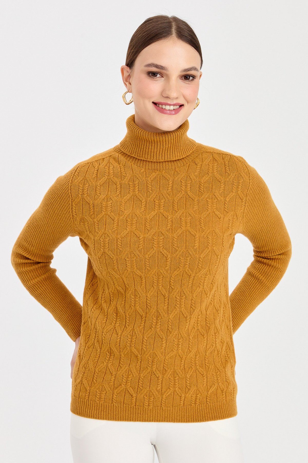 23153Kadın Tam Balıkçı Yaka Önü Yürütmeli Yün Kazak Hardal