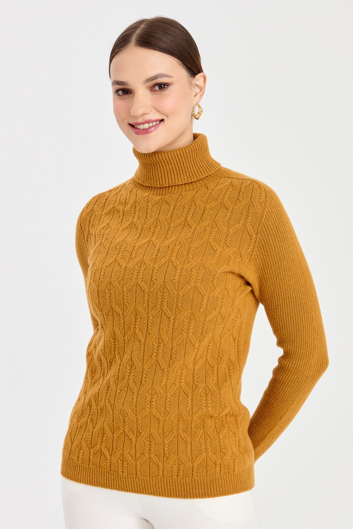 23153Kadın Tam Balıkçı Yaka Önü Yürütmeli Yün Kazak Hardal