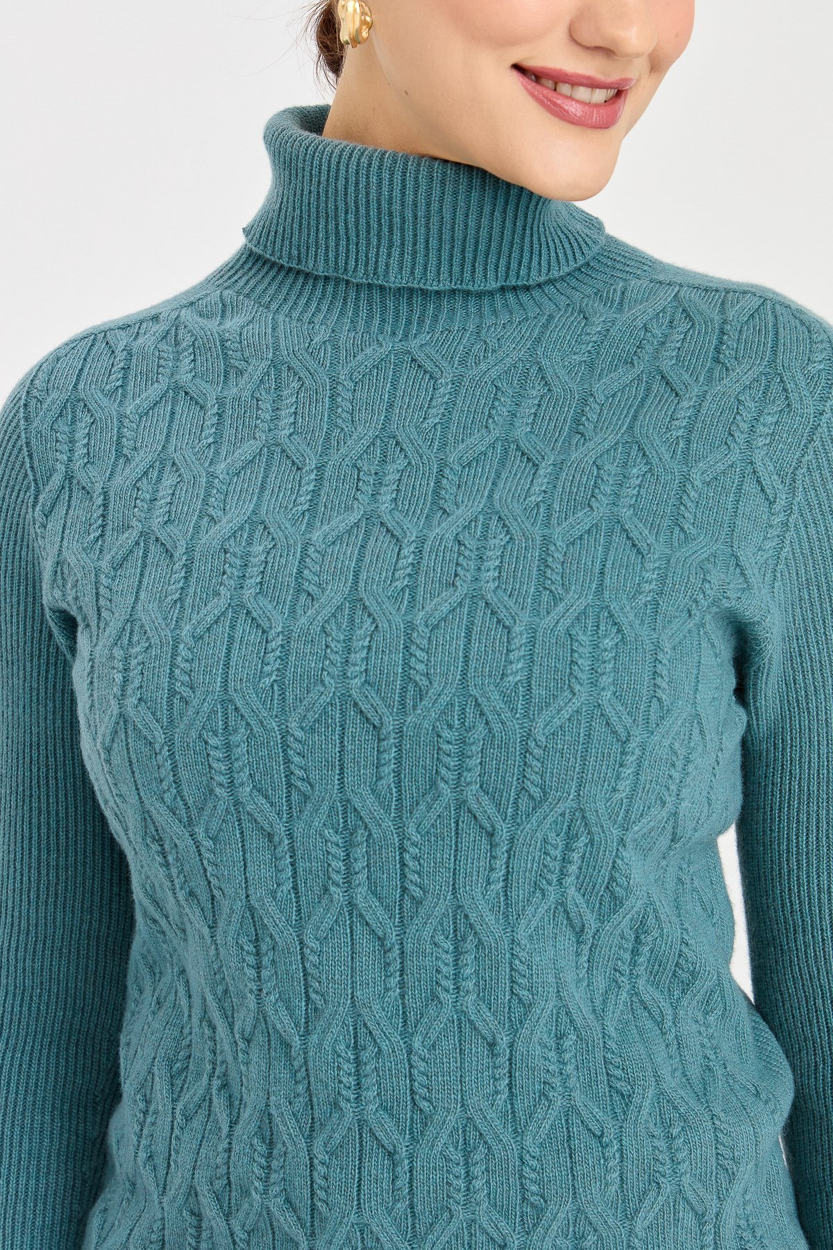 23153Kadın Tam Balıkçı Yaka Önü Yürütmeli Yün Kazak M.Yeşili