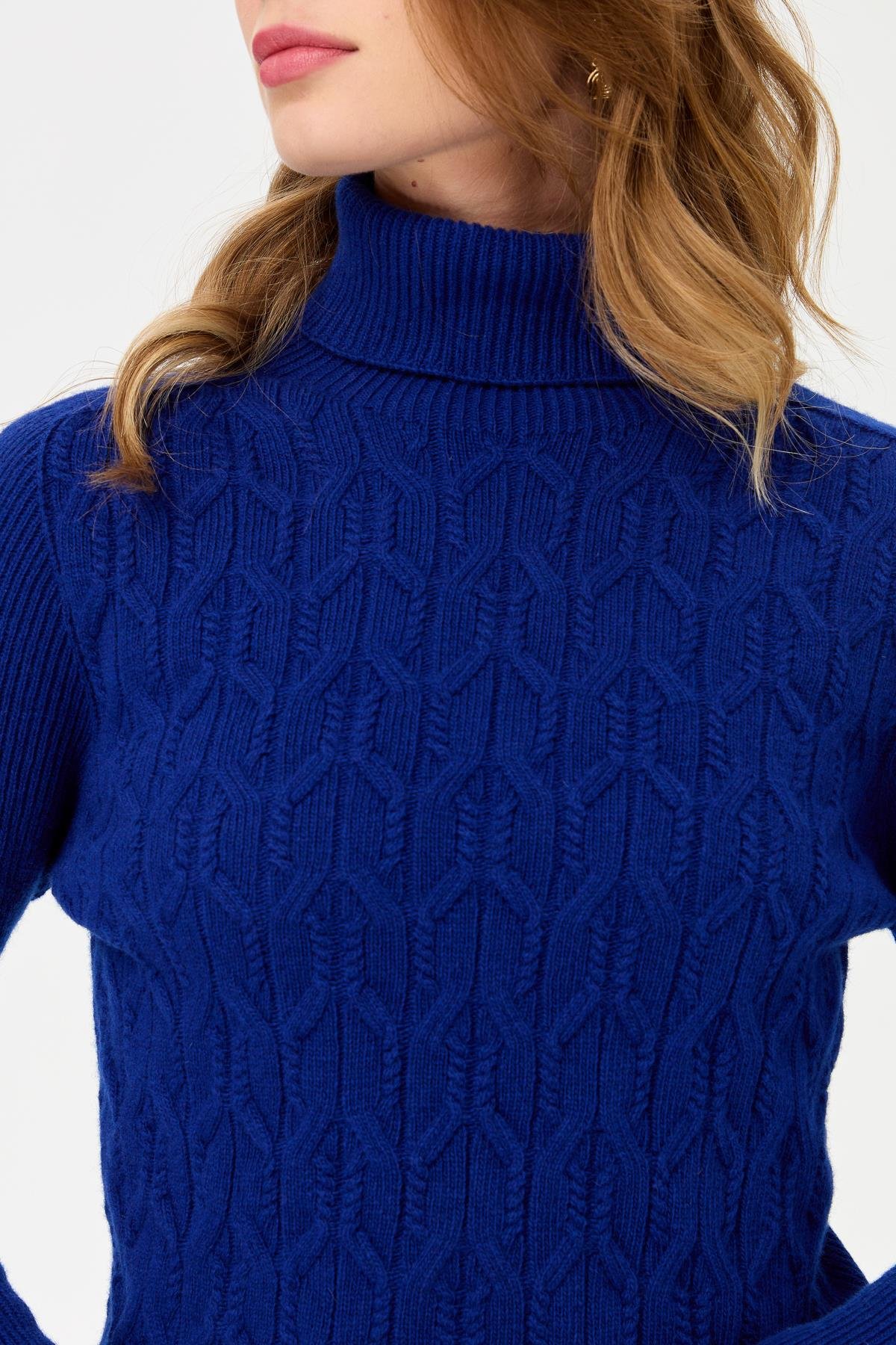 23153Kadın Tam Balıkçı Yaka Önü Yürütmeli Yün Kazak K.S.Mavi