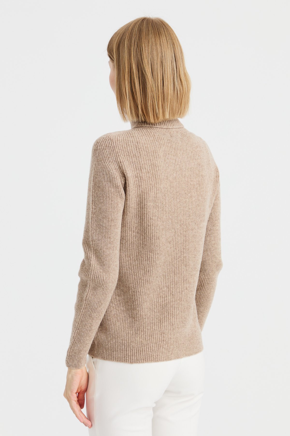 23153Kadın Tam Balıkçı Yaka Önü Yürütmeli Yün Kazak K.Bej