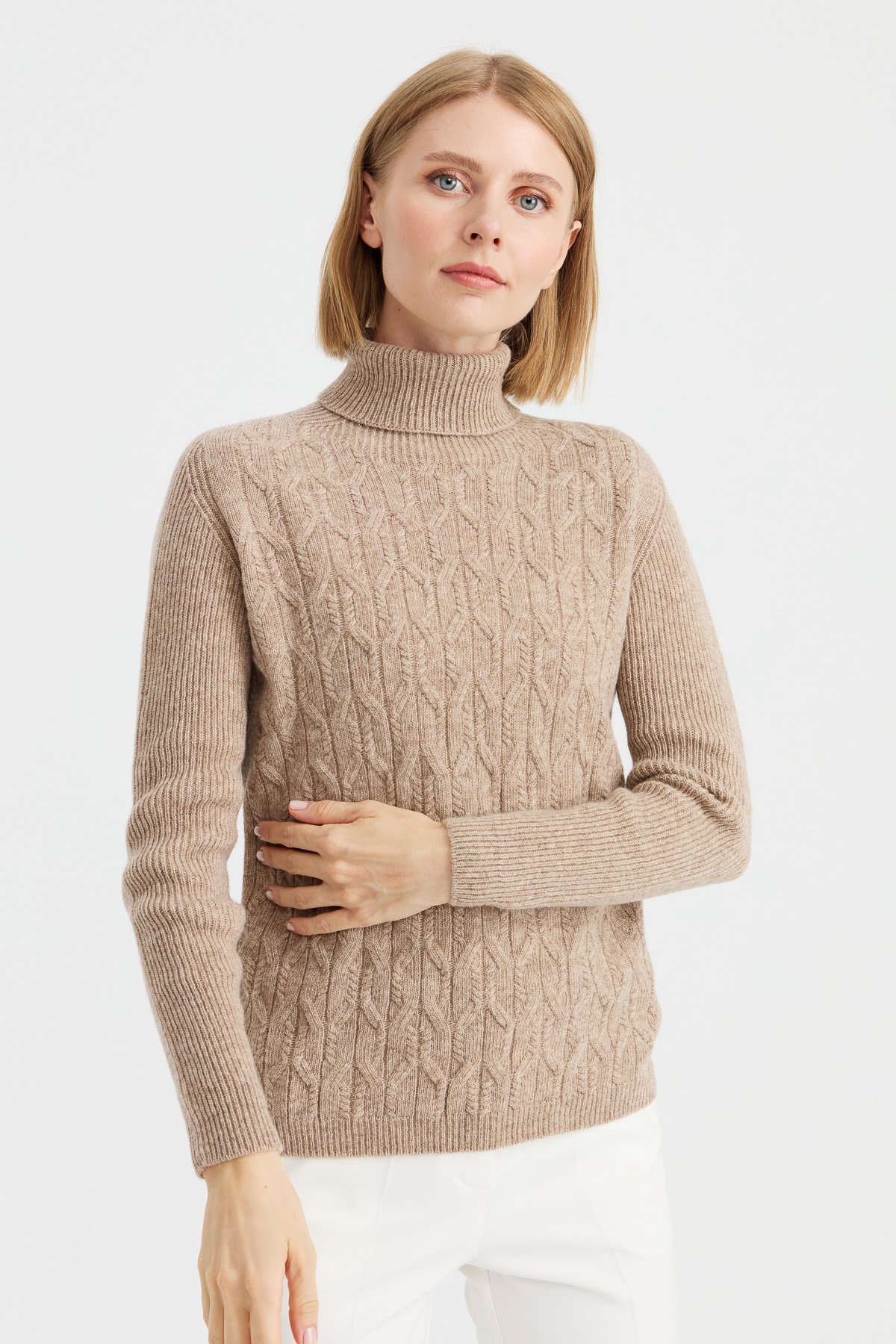 23153Kadın Tam Balıkçı Yaka Önü Yürütmeli Yün Kazak K.Bej