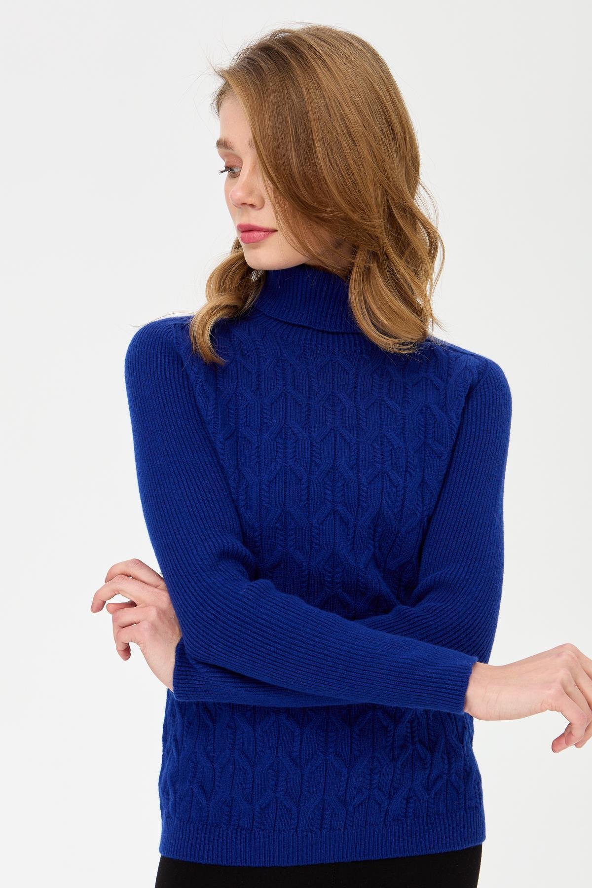 23153Kadın Tam Balıkçı Yaka Önü Yürütmeli Yün Kazak K.S.Mavi