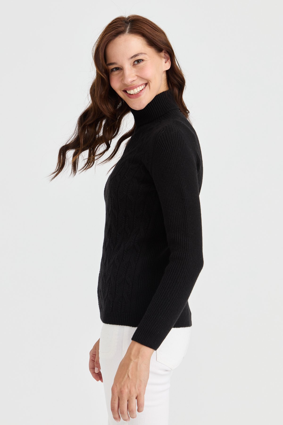 23153Kadın Tam Balıkçı Yaka Önü Yürütmeli Yün Kazak Siyah