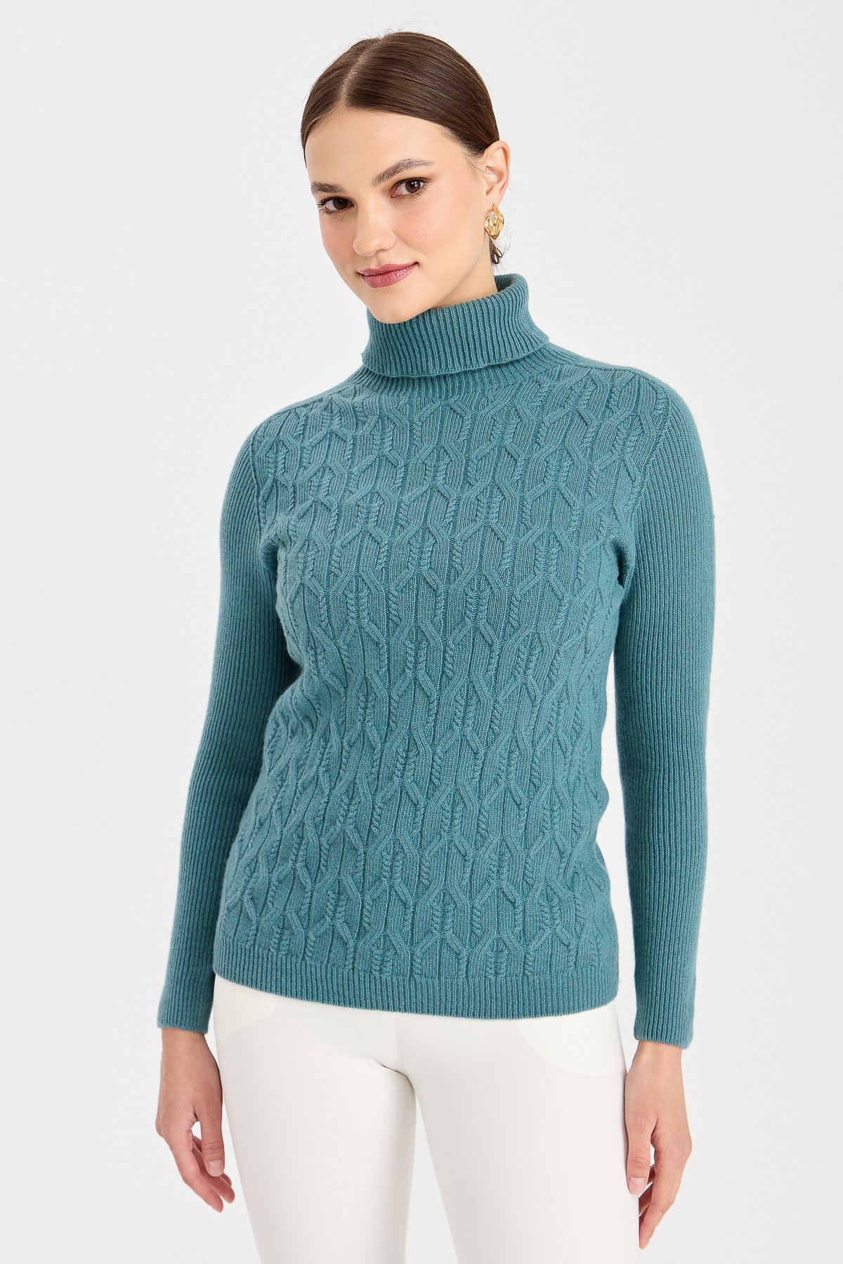 23153Kadın Tam Balıkçı Yaka Önü Yürütmeli Yün Kazak M.Yeşili