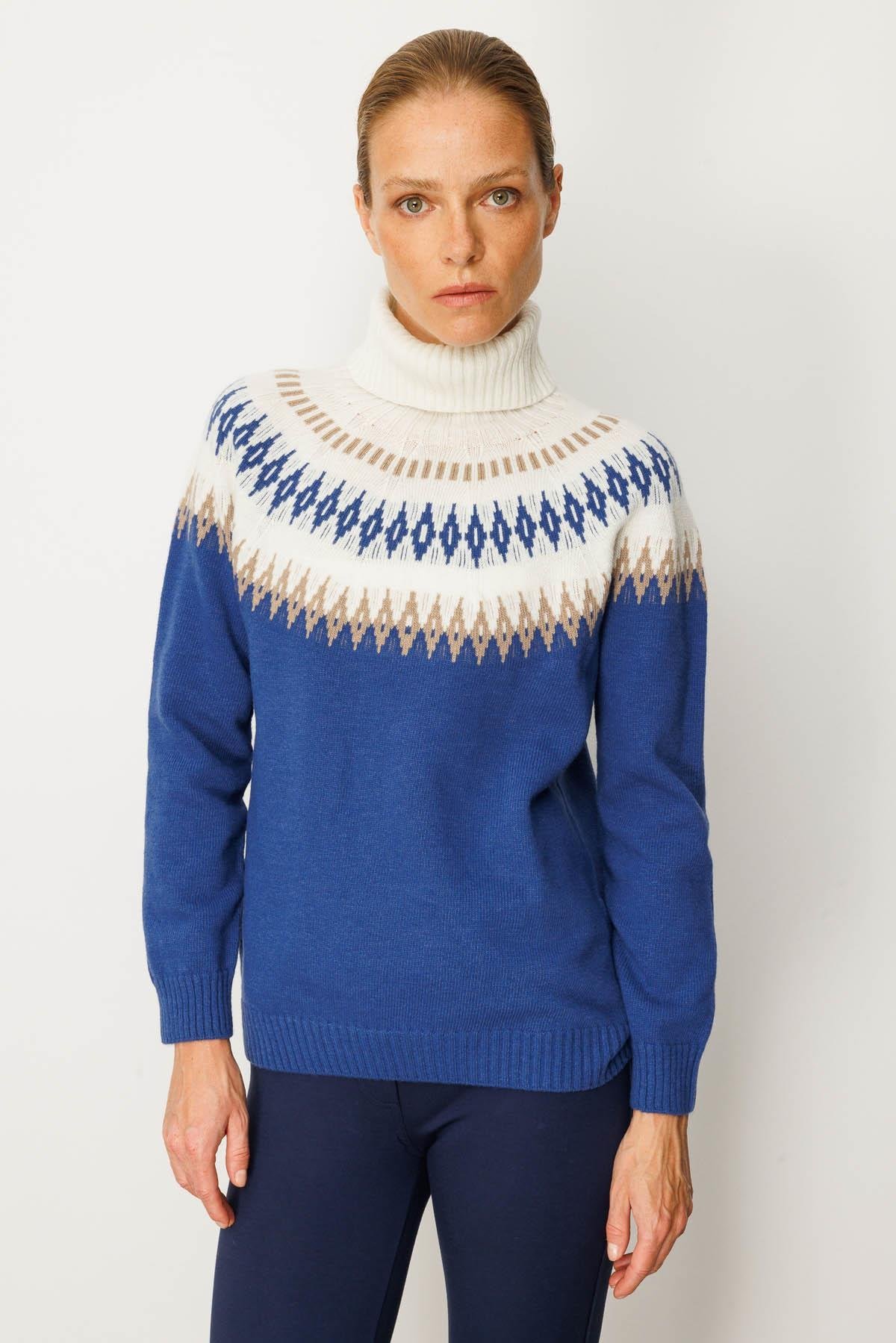 25219Kadın Tam Balıkçı Yaka Robası Baklavalı Yün Kazak Mavi