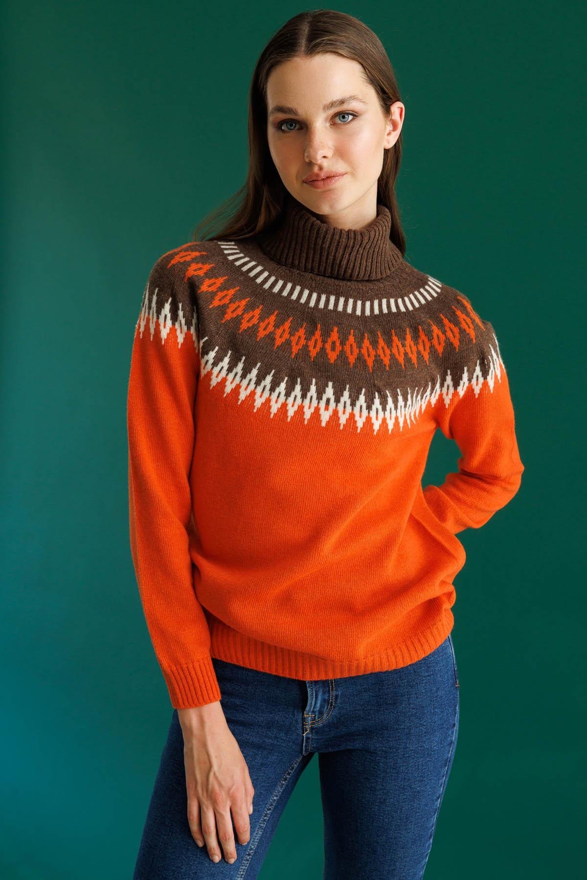 25219Kadın Tam Balıkçı Yaka Robası Baklavalı Yün Kazak Portakal