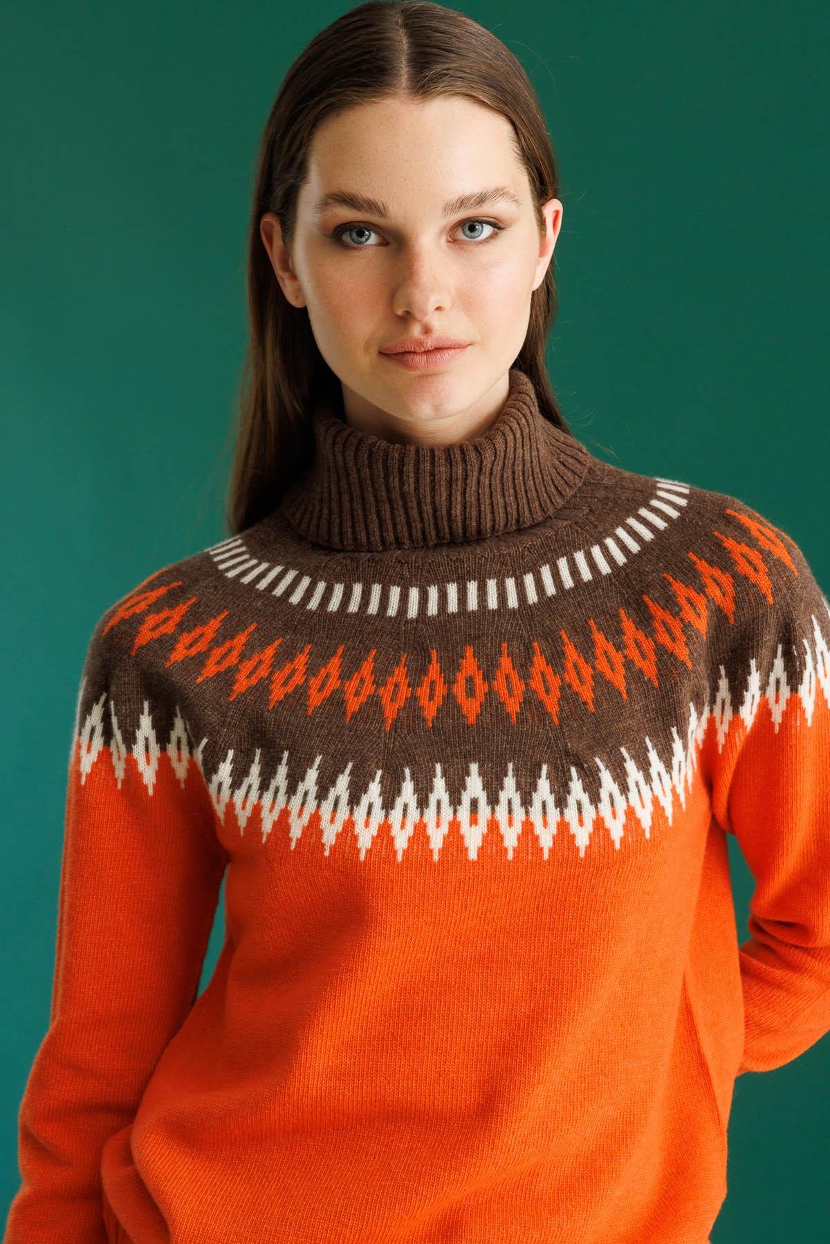 25219Kadın Tam Balıkçı Yaka Robası Baklavalı Yün Kazak Portakal