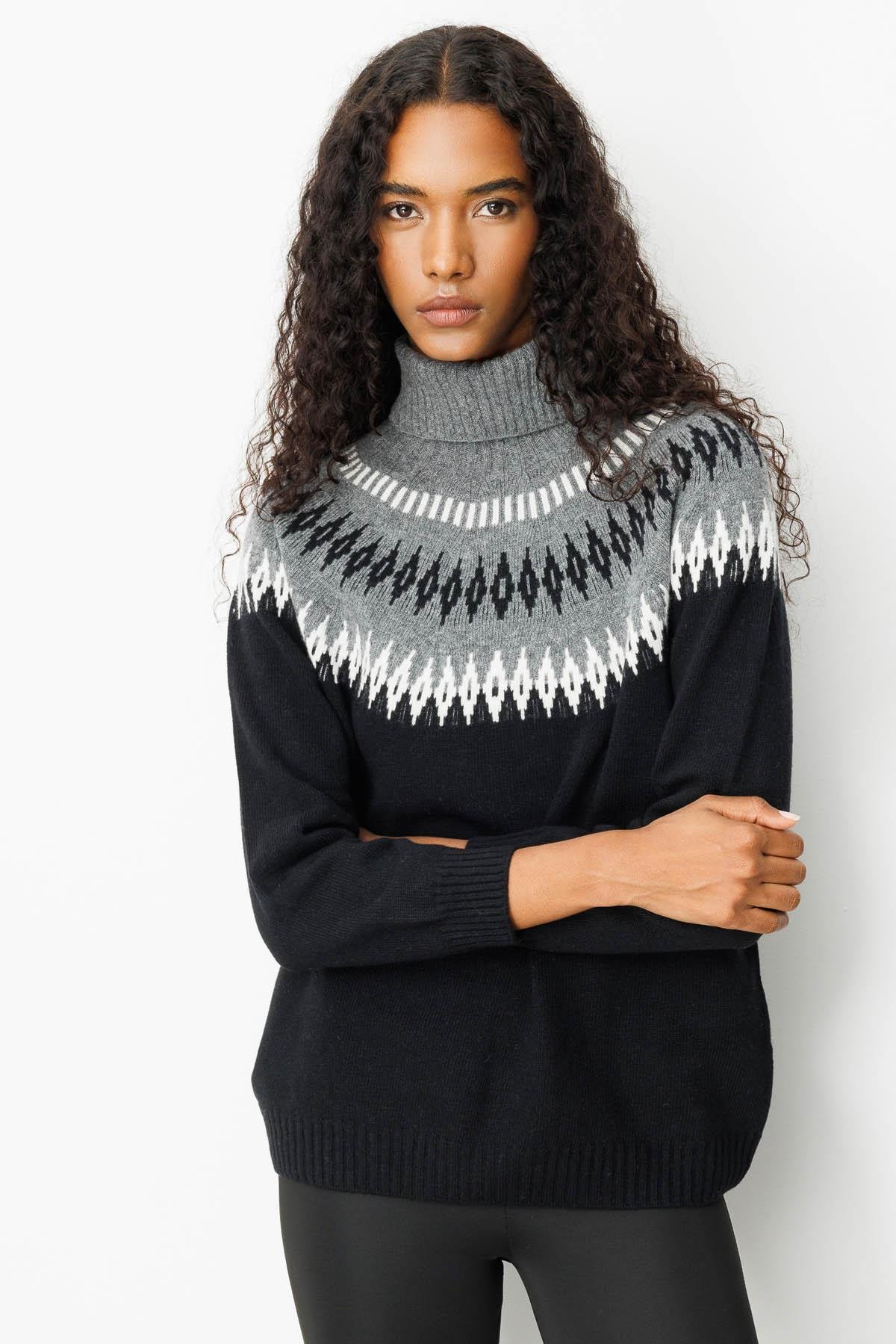 25219Kadın Tam Balıkçı Yaka Robası Baklavalı Yün Kazak Siyah