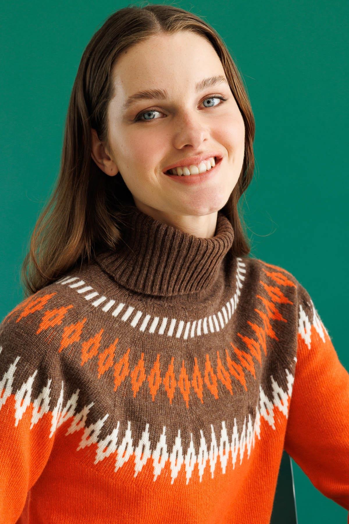 25219Kadın Tam Balıkçı Yaka Robası Baklavalı Yün Kazak Portakal