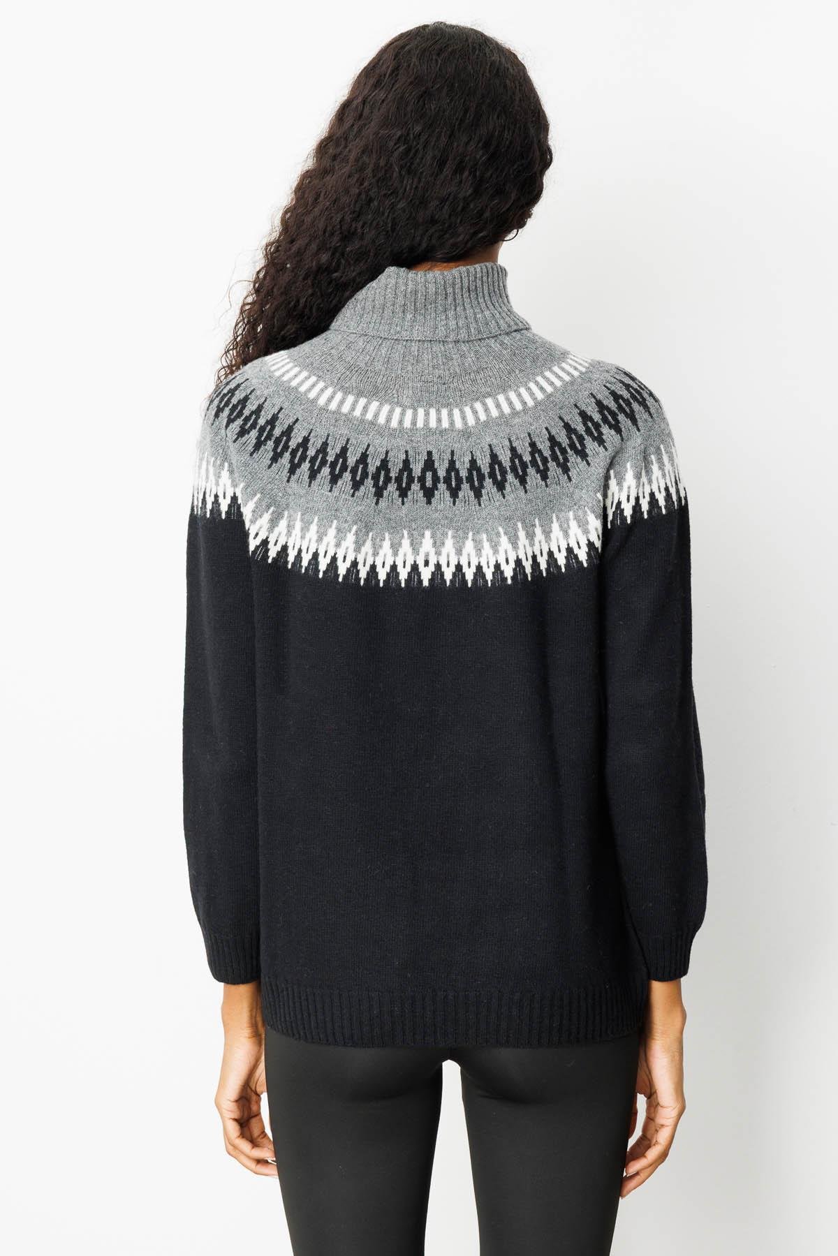 25219Kadın Tam Balıkçı Yaka Robası Baklavalı Yün Kazak Siyah