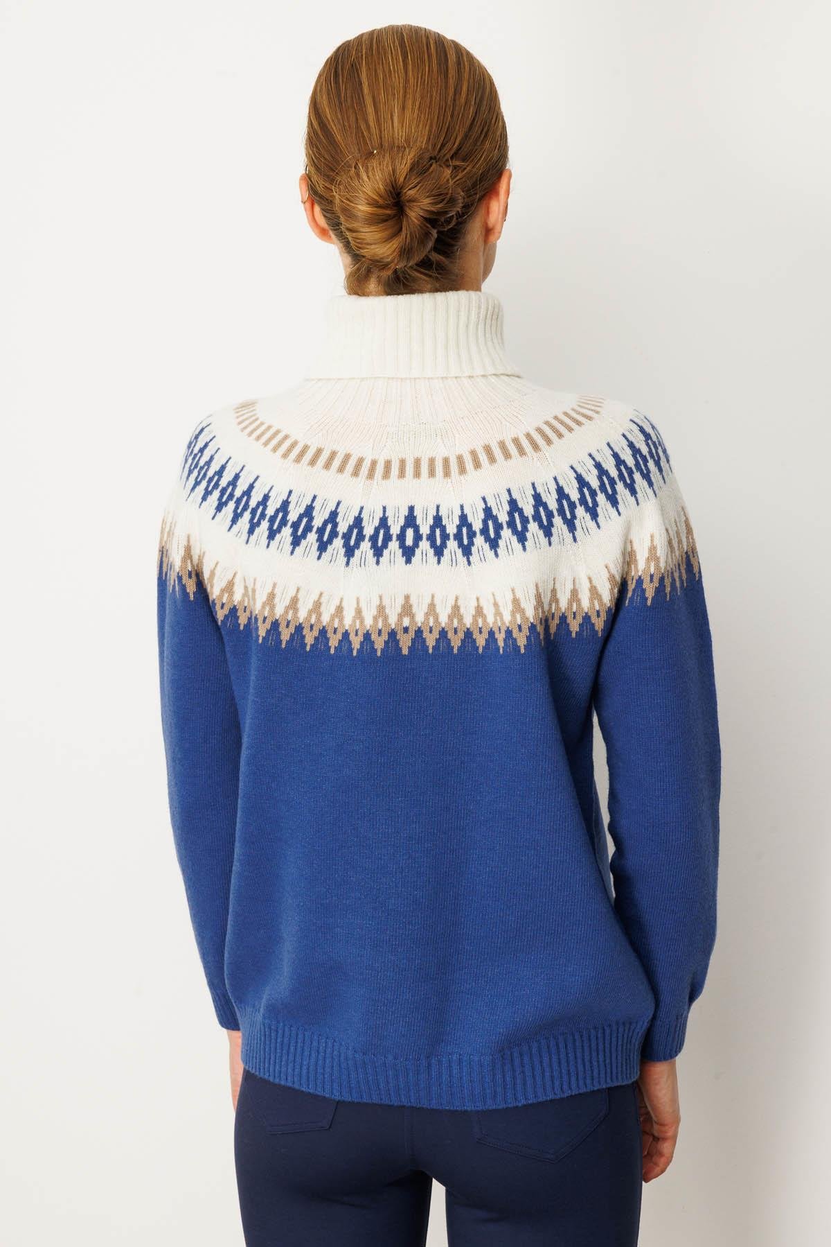 25219Kadın Tam Balıkçı Yaka Robası Baklavalı Yün Kazak Mavi