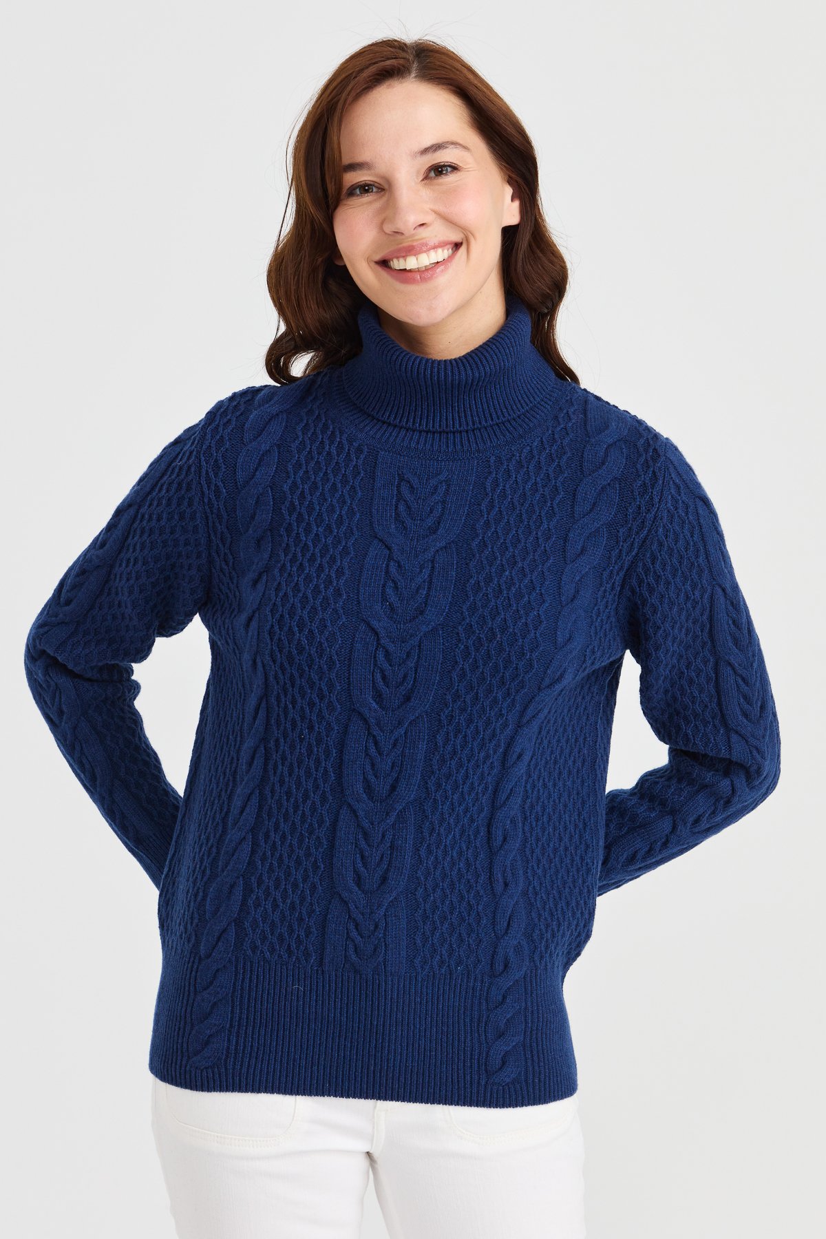 23035Kadın Tam Balıkçı Yaka Saç Örgü Yün Kazak İndigo