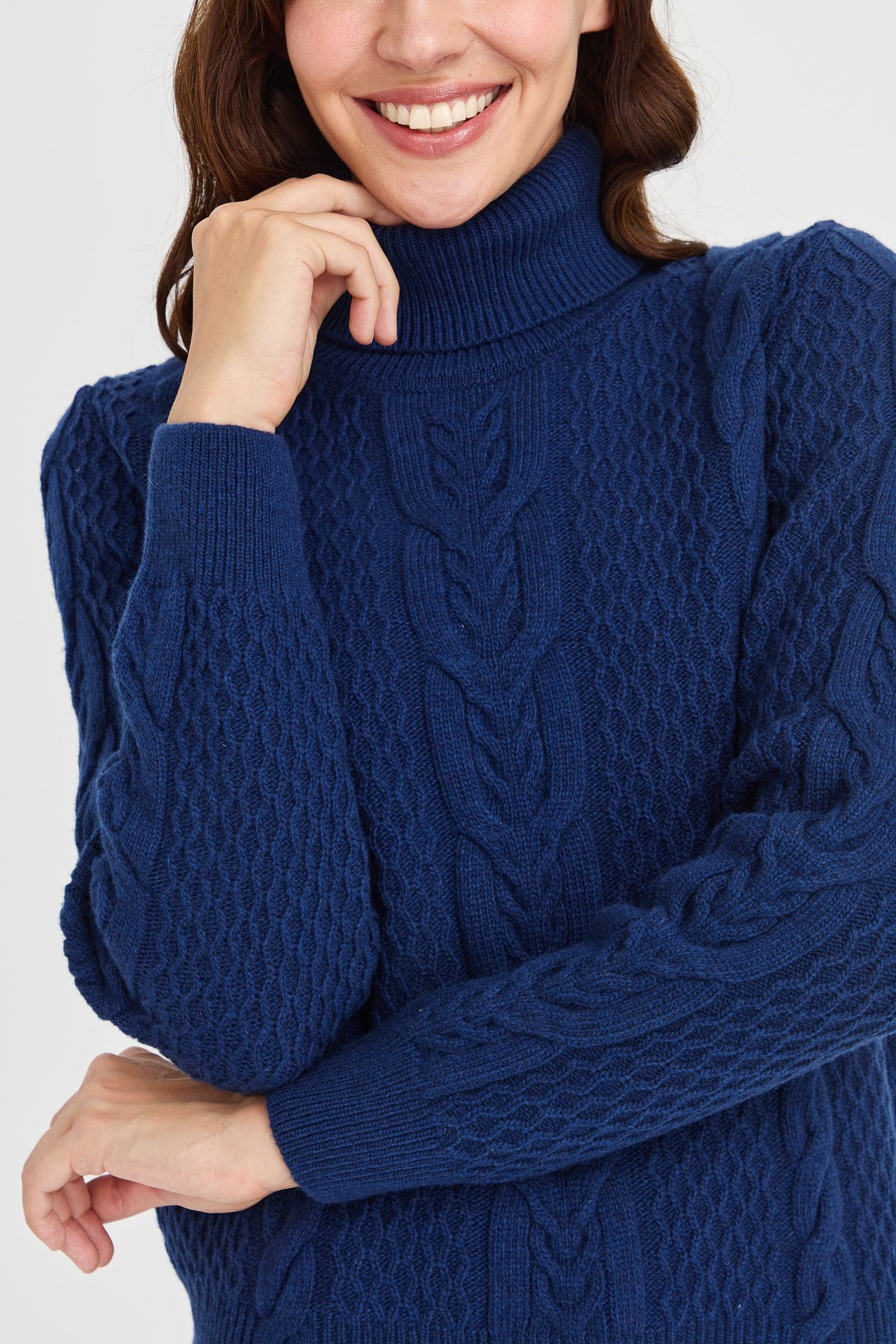 23035Kadın Tam Balıkçı Yaka Saç Örgü Yün Kazak İndigo