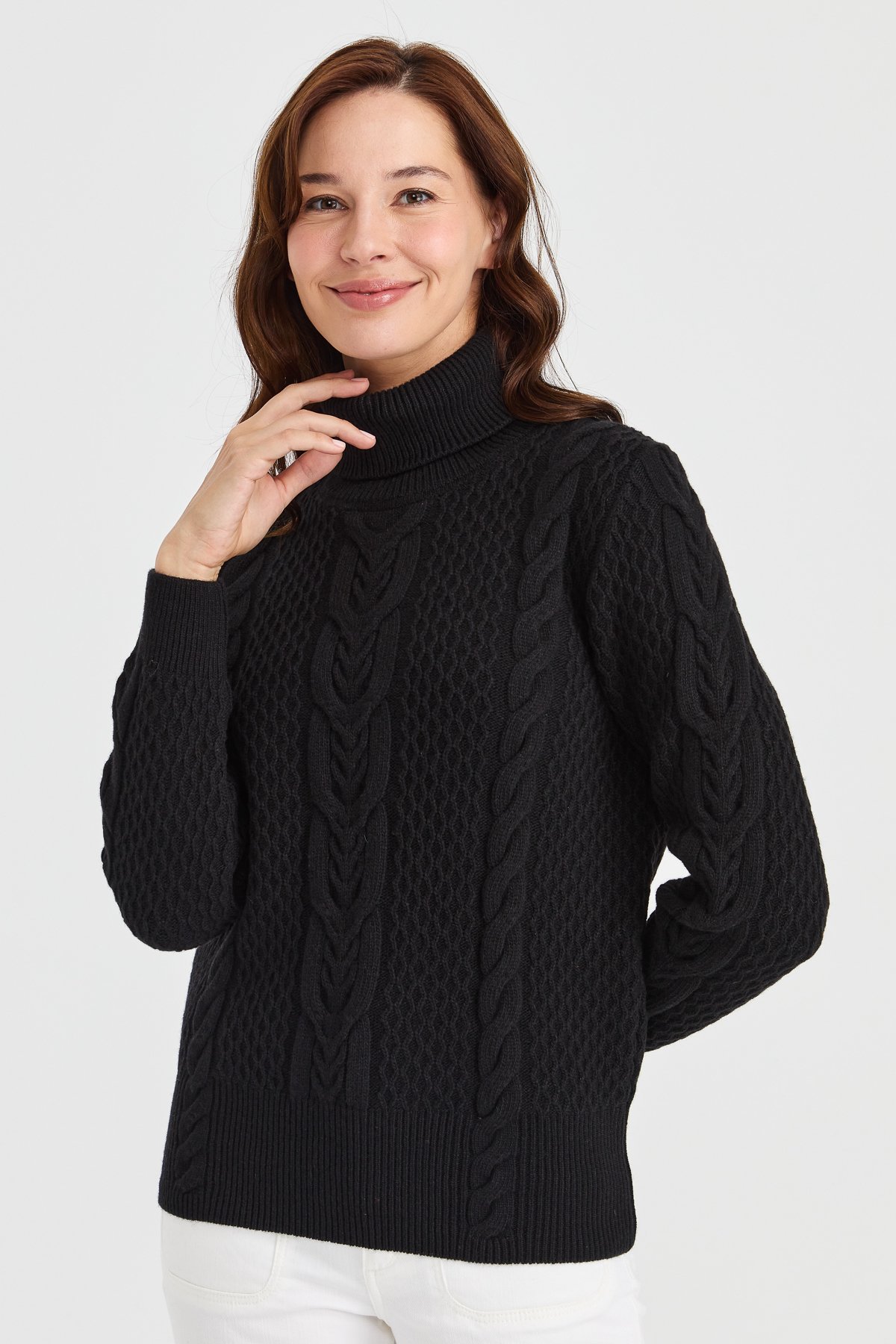 23035Kadın Tam Balıkçı Yaka Saç Örgü Yün Kazak Siyah