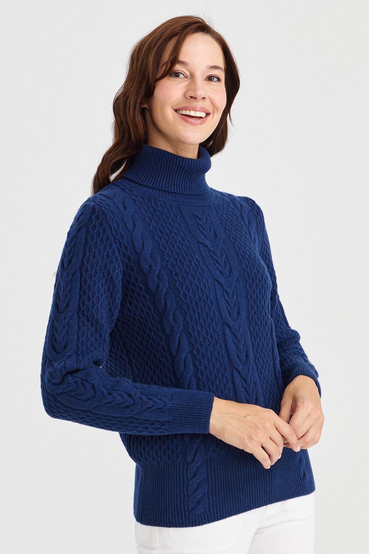 23035Kadın Tam Balıkçı Yaka Saç Örgü Yün Kazak İndigo