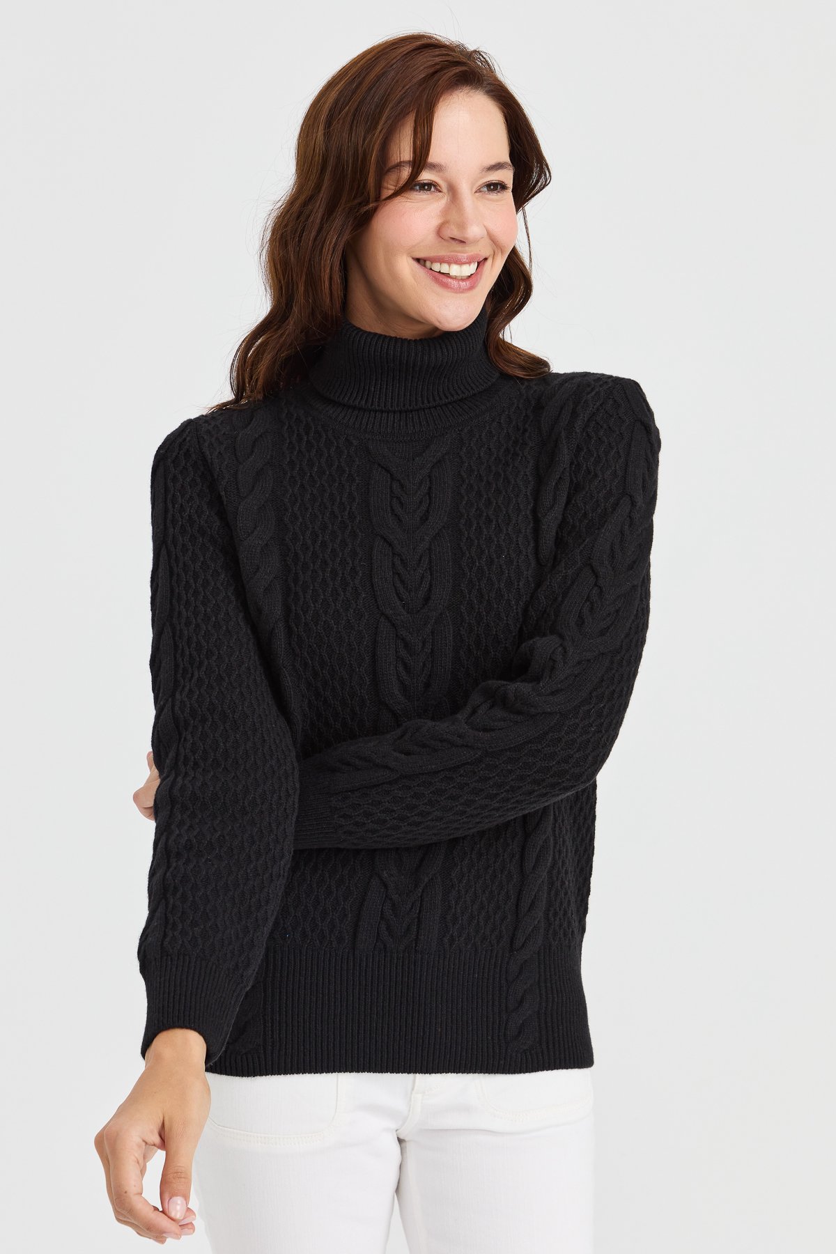 23035Kadın Tam Balıkçı Yaka Saç Örgü Yün Kazak Siyah