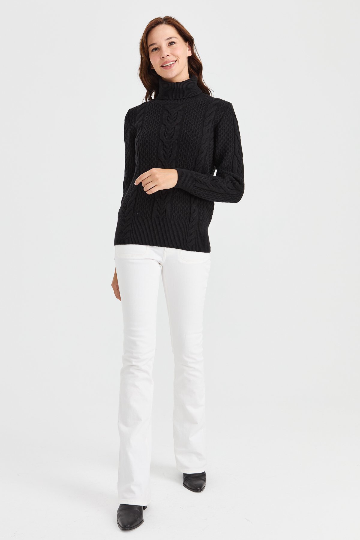 23035Kadın Tam Balıkçı Yaka Saç Örgü Yün Kazak Siyah