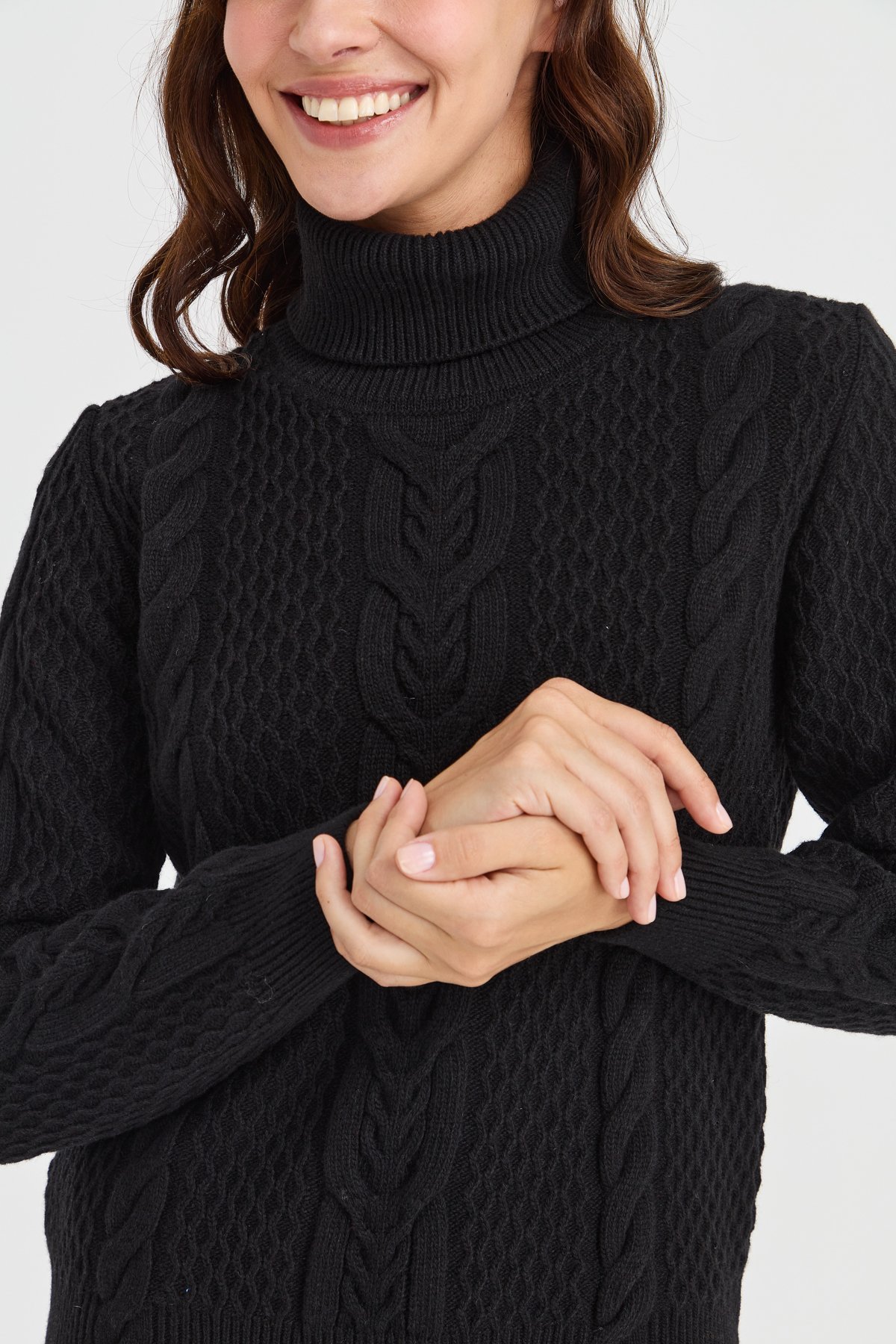 23035Kadın Tam Balıkçı Yaka Saç Örgü Yün Kazak Siyah