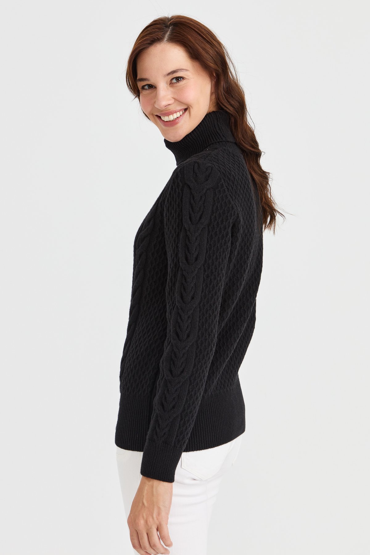 23035Kadın Tam Balıkçı Yaka Saç Örgü Yün Kazak Siyah